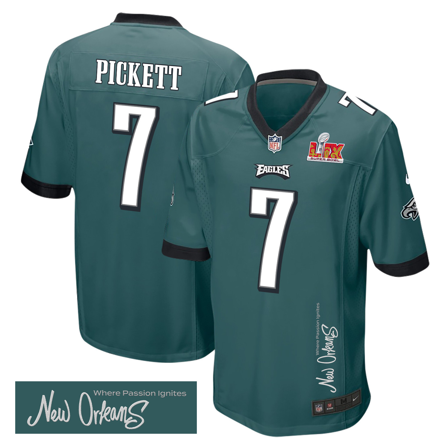Kenny Pickett 7 Philadelphia Eagles Super Bowl LIX 'New Orleans - Where Passion Ignites' EMBROIDERED Game Men Jersey - Midnight Green JS7600 Saliibo