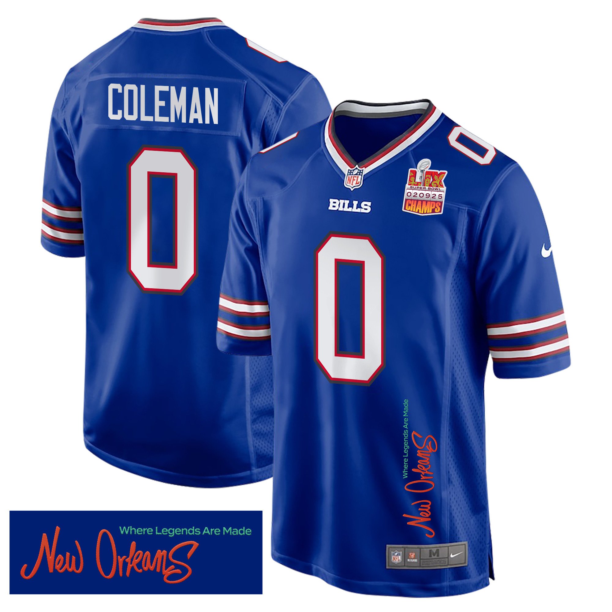 Keon Coleman 0 Buffalo Bills Super Bowl LIX Champions Patch 'New Orleans - Where Legends Are Made' EMBROIDERED Game Men Jersey - Royal JS8447 Saliibo