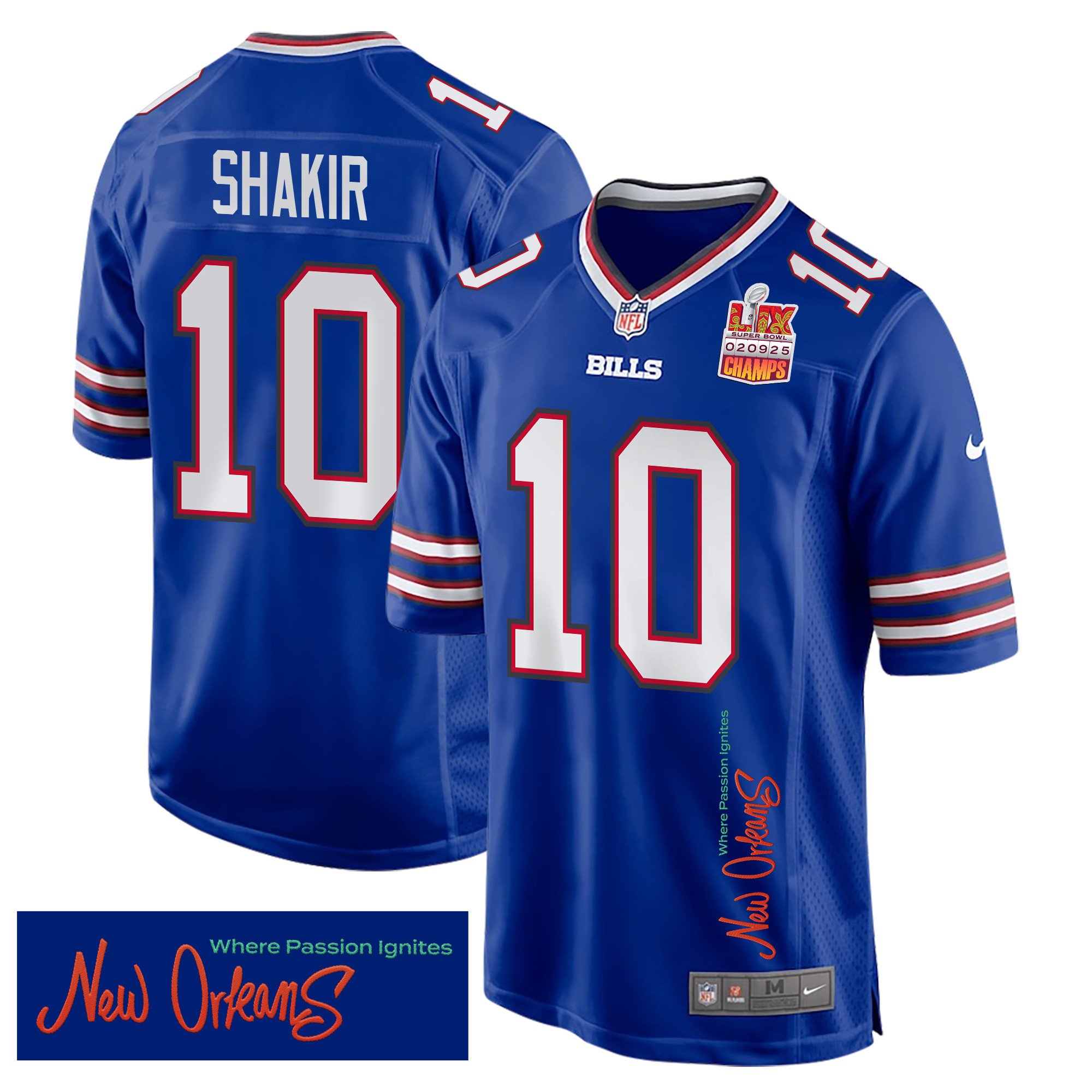 Khalil Shakir 10 Buffalo Bills Super Bowl LIX Champions Patch 'New Orleans - Where Passion Ignites' EMBROIDERED Game Men Jersey - Royal JS4711 Saliibo