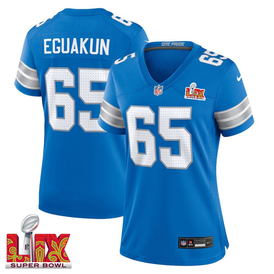 Kingsley Eguakun #65 Detroit Lions Super Bowl LIX Women's Jersey - Blue JS1275 Saliibo