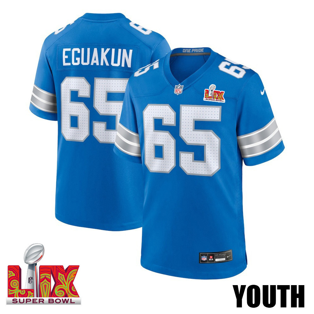 Kingsley Eguakun #65 Detroit Lions Super Bowl LIX YOUTH Jersey - Blue JS5911 Saliibo
