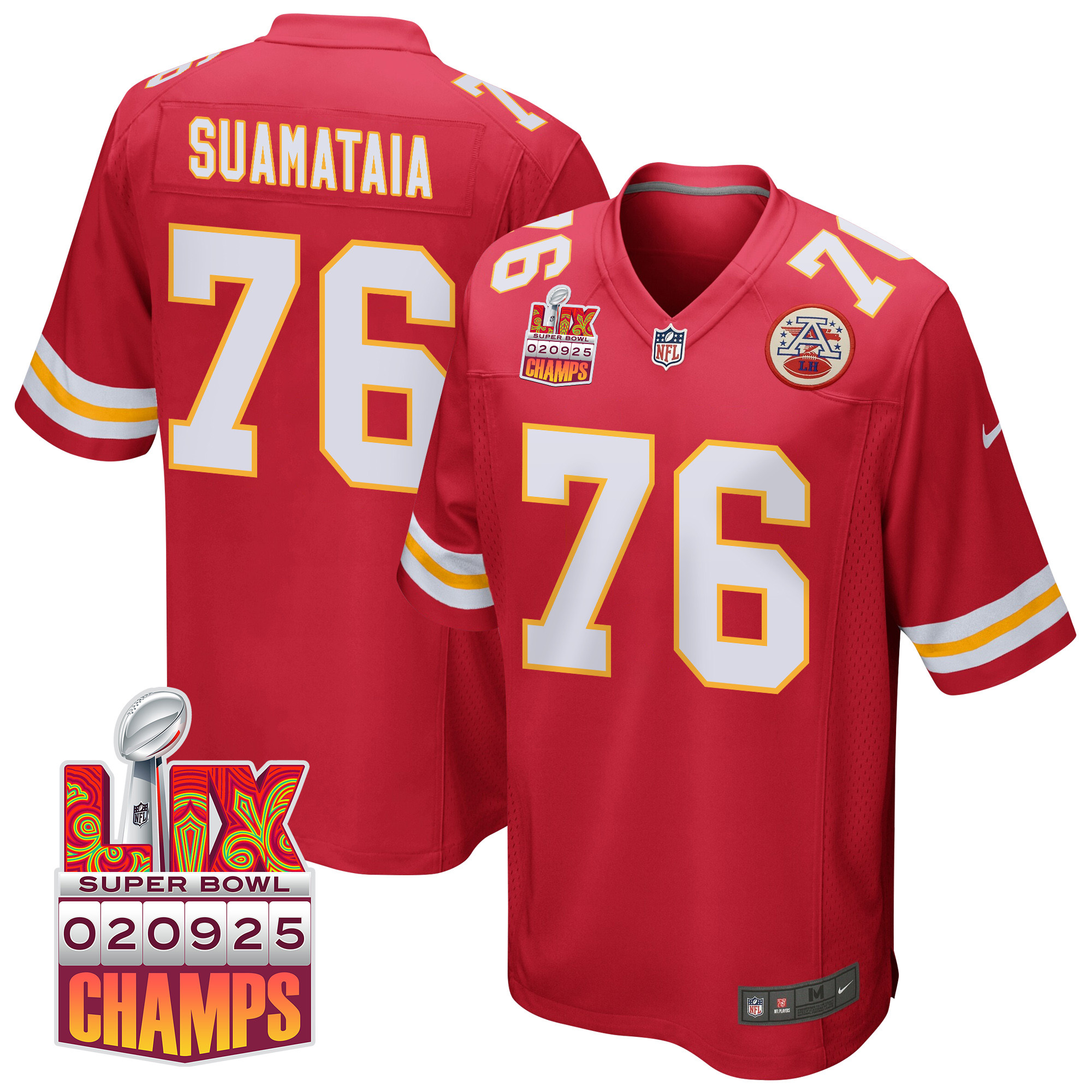 Kingsley Suamataia 76 Kansas City Chiefs Super Bowl LIX Champions Patch Game Men Jersey - Red JS4455 Saliibo