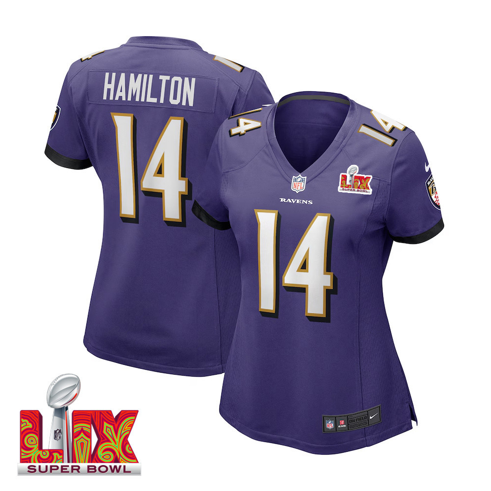 Kyle Hamilton #14 Baltimore Ravens Super Bowl LIX Women's Jersey - Purple JS8811 Saliibo