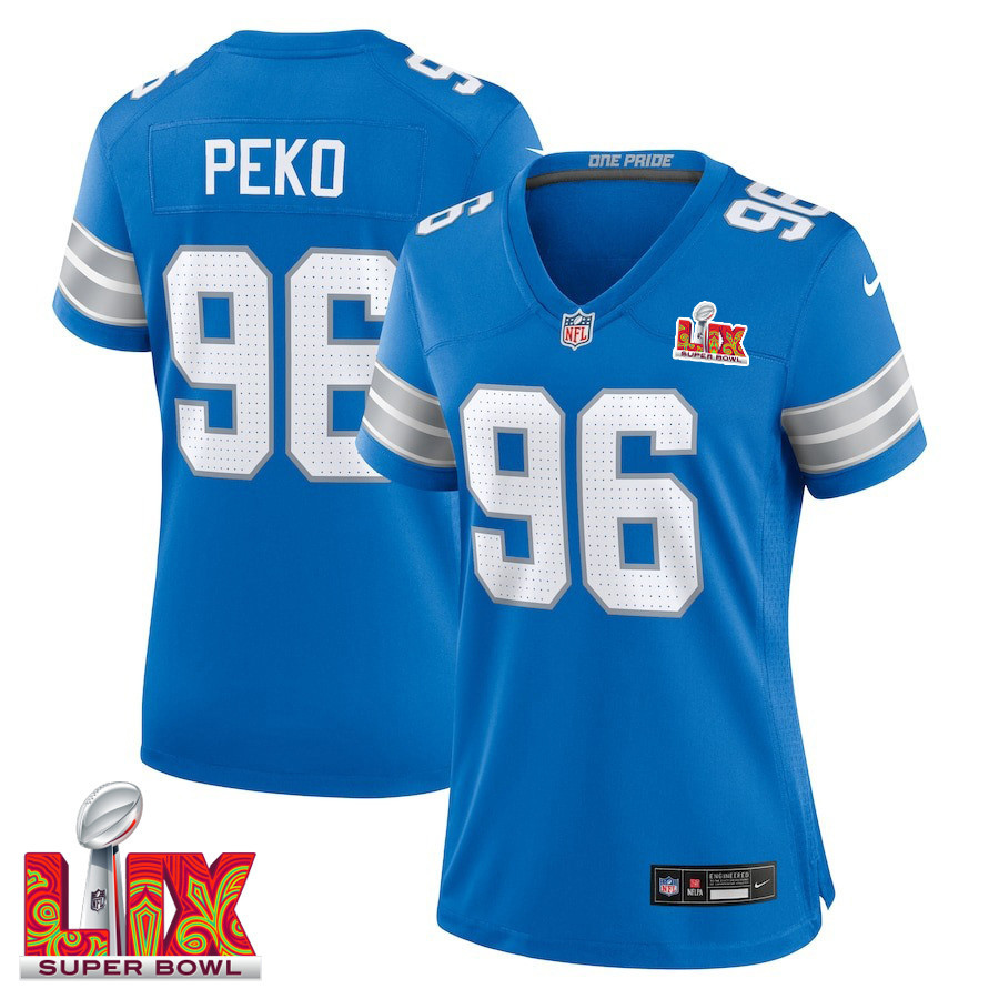 Kyle Peko #96 Detroit Lions Super Bowl LIX Women's Jersey - Blue JS8264 Saliibo