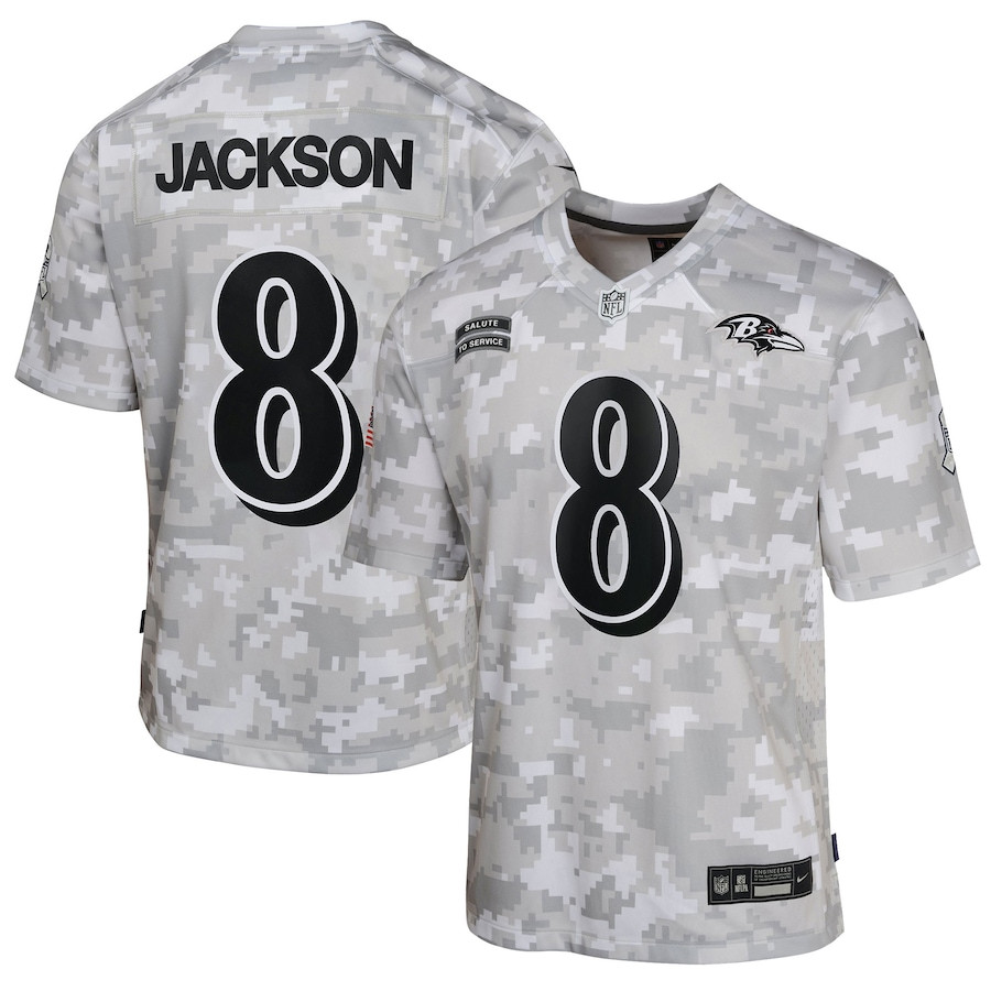 Lamar Jackson 8 Baltimore Ravens 2024 Salute to Service Game YOUTH Jersey - Arctic Camo JS1721 Saliibo