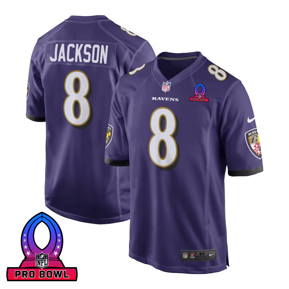 Lamar Jackson 8 Baltimore Ravens 2025 Pro Bowl Patch Game Men Jersey - Purple JS4731 Saliibo