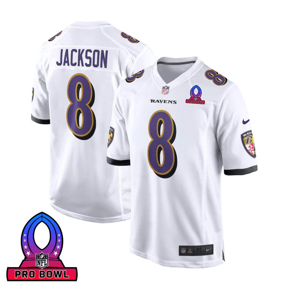 Lamar Jackson 8 Baltimore Ravens 2025 Pro Bowl Patch Game Men Jersey - White JS7358 Saliibo