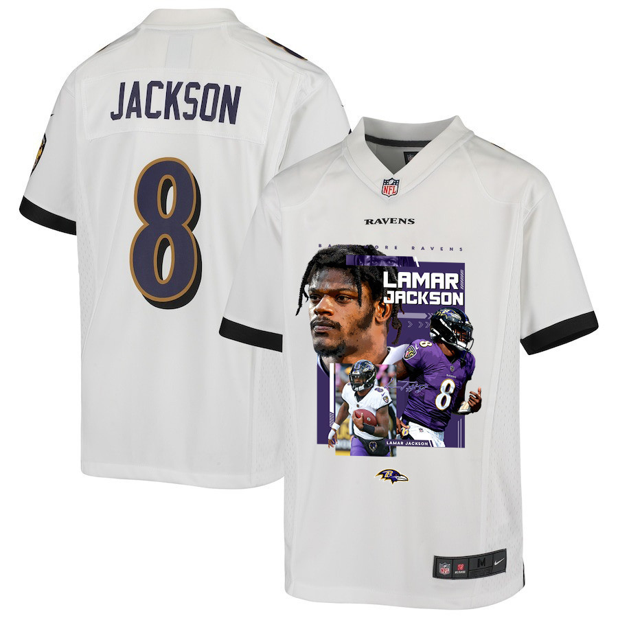 Lamar Jackson 8 Baltimore Ravens Cobra Jackson Game YOUTH Jersey - White JS2264 Saliibo