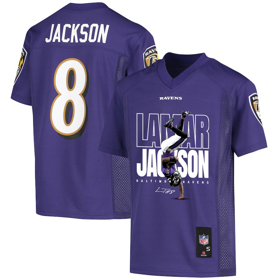Lamar Jackson 8 Baltimore Ravens Lamar the Merrier Game YOUTH Jersey - Purple JS1141 Saliibo