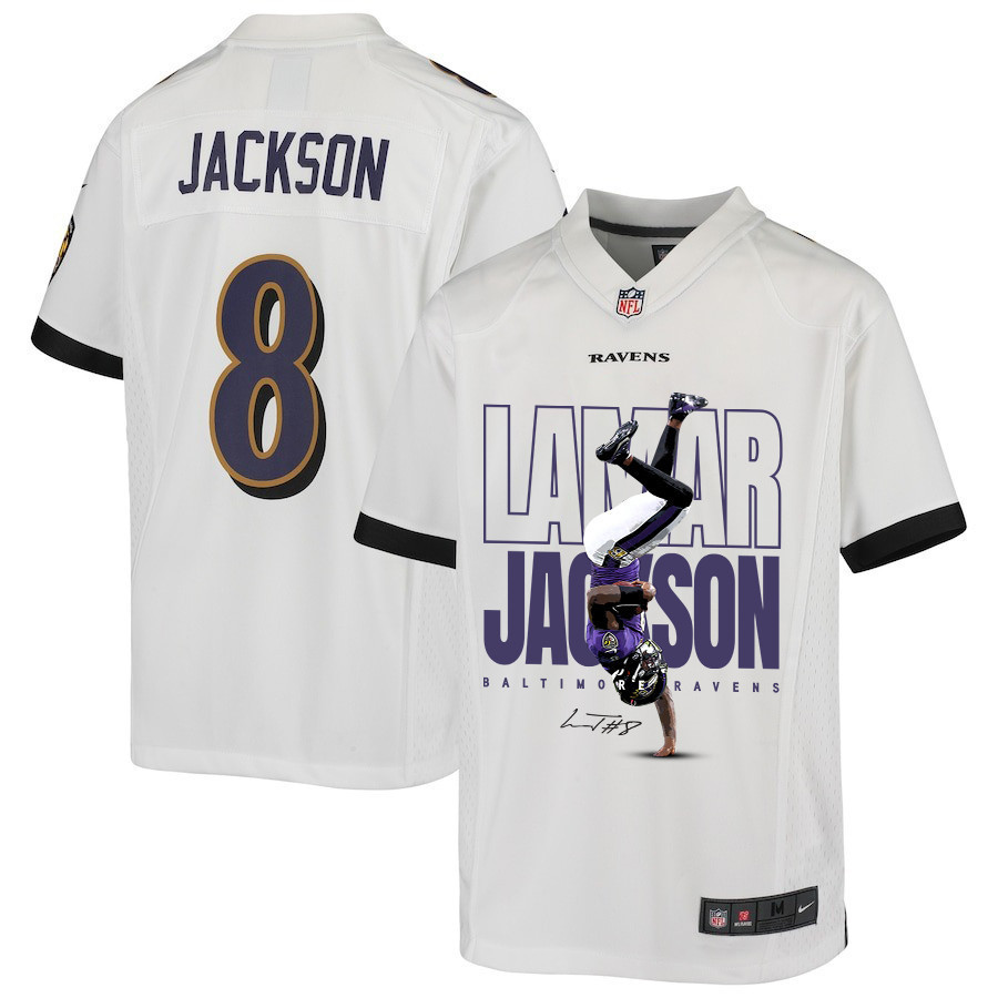 Lamar Jackson 8 Baltimore Ravens Lamar the Merrier Game YOUTH Jersey - White JS1264 Saliibo