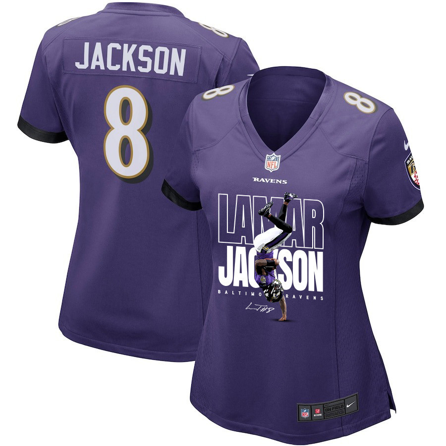 Lamar Jackson 8 Baltimore Ravens Lamar the Merrier Women Game Jersey - Purple JS2339 Saliibo