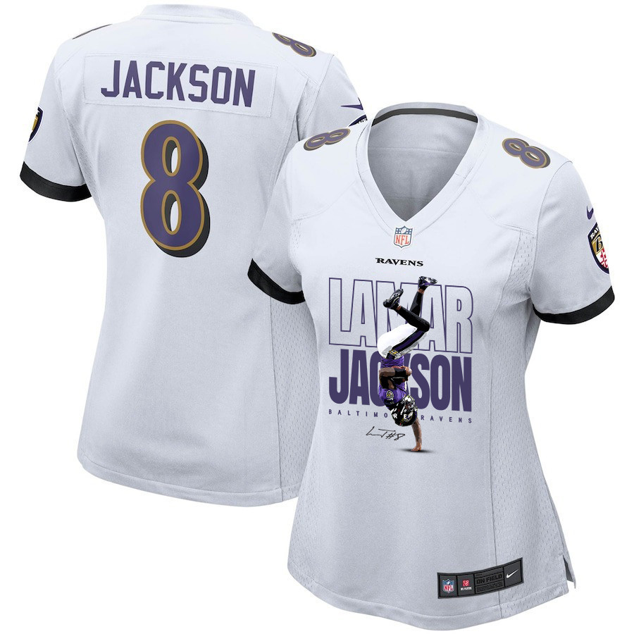 Lamar Jackson 8 Baltimore Ravens Lamar the Merrier Women Game Jersey - White JS4512 Saliibo