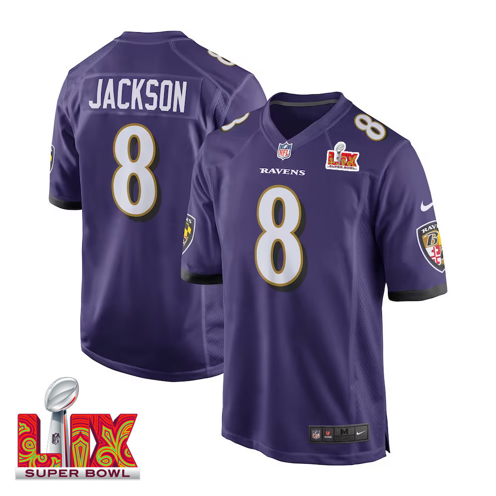 Lamar Jackson #8 Baltimore Ravens Super Bowl LIX Jersey - Men's - Purple JS2550 Saliibo