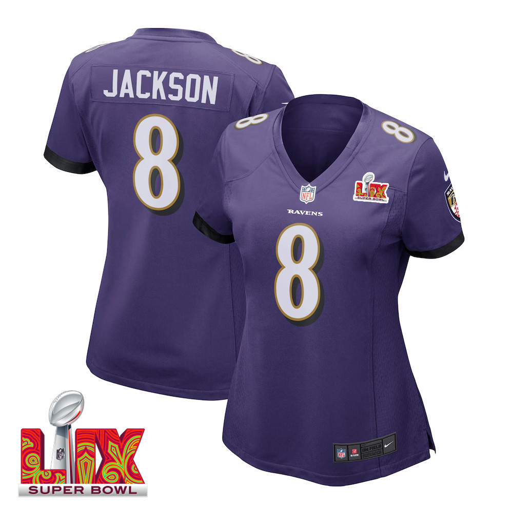 Lamar Jackson #8 Baltimore Ravens Super Bowl LIX Women's Jersey - Purple JS8337 Saliibo
