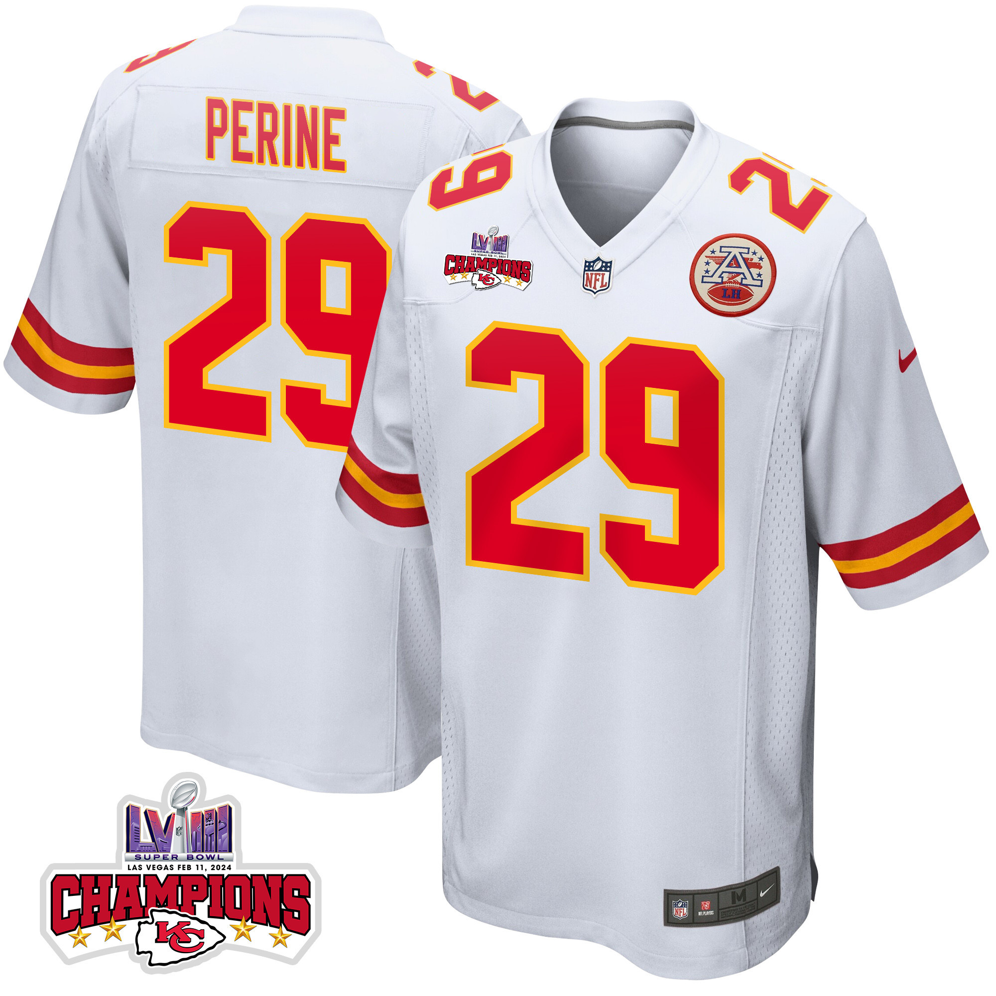 La'Mical Perine 29 Kansas City Chiefs Super Bowl LVIII Champions 4 Stars Patch Game Men Jersey - White JS1615 Saliibo