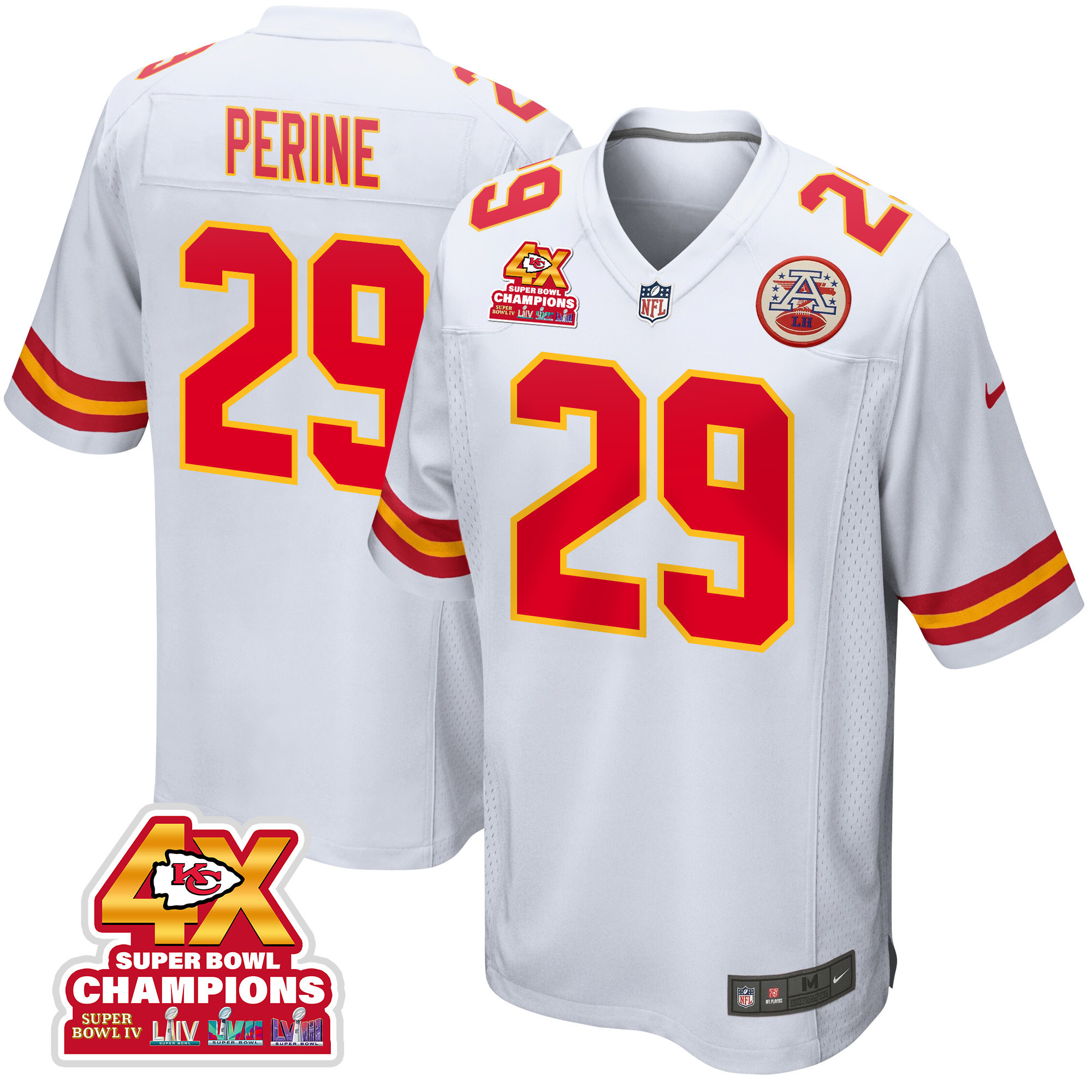 La'Mical Perine 29 Kansas City Chiefs Super Bowl LVIII Champions 4X Game Men Jersey - White JS9899 Saliibo
