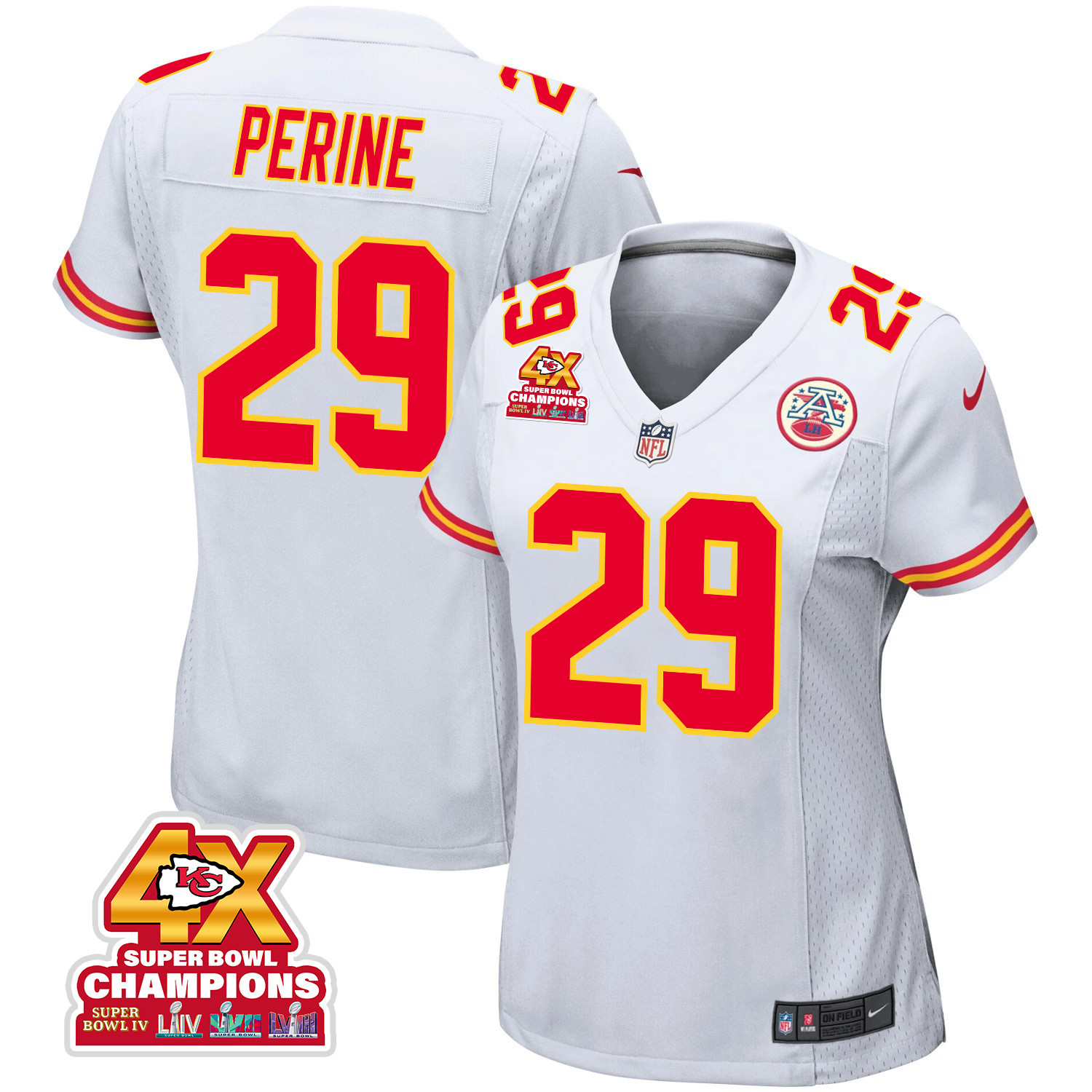 La'Mical Perine 29 Kansas City Chiefs Super Bowl LVIII Champions 4X Game Women Jersey - White JS9852 Saliibo