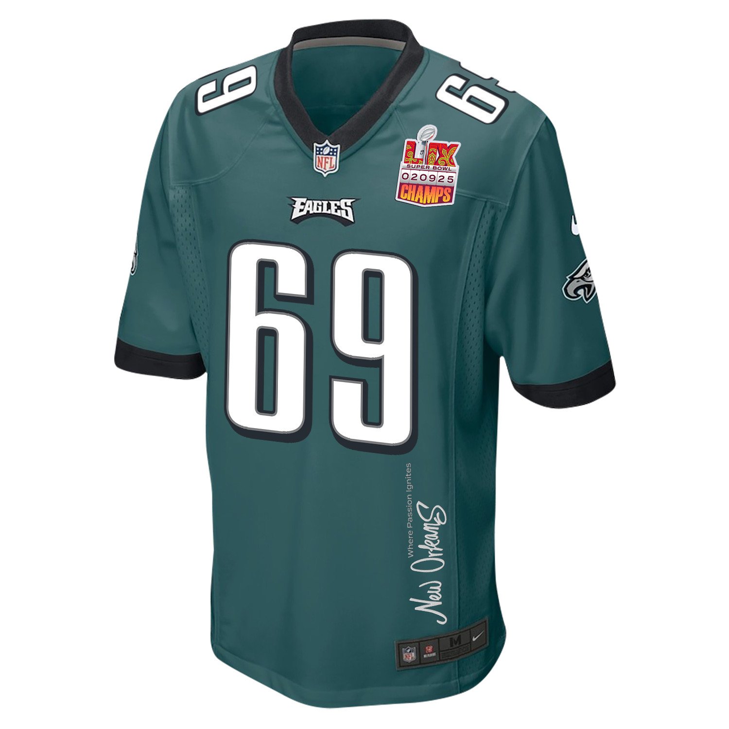 Landon Dickerson 69 Philadelphia Eagles Super Bowl LIX Champions Patch 'New Orleans - Where Passion Ignites' EMBROIDERED Game Men Jersey - Midnight Green JS7011 Saliibo - Image 3