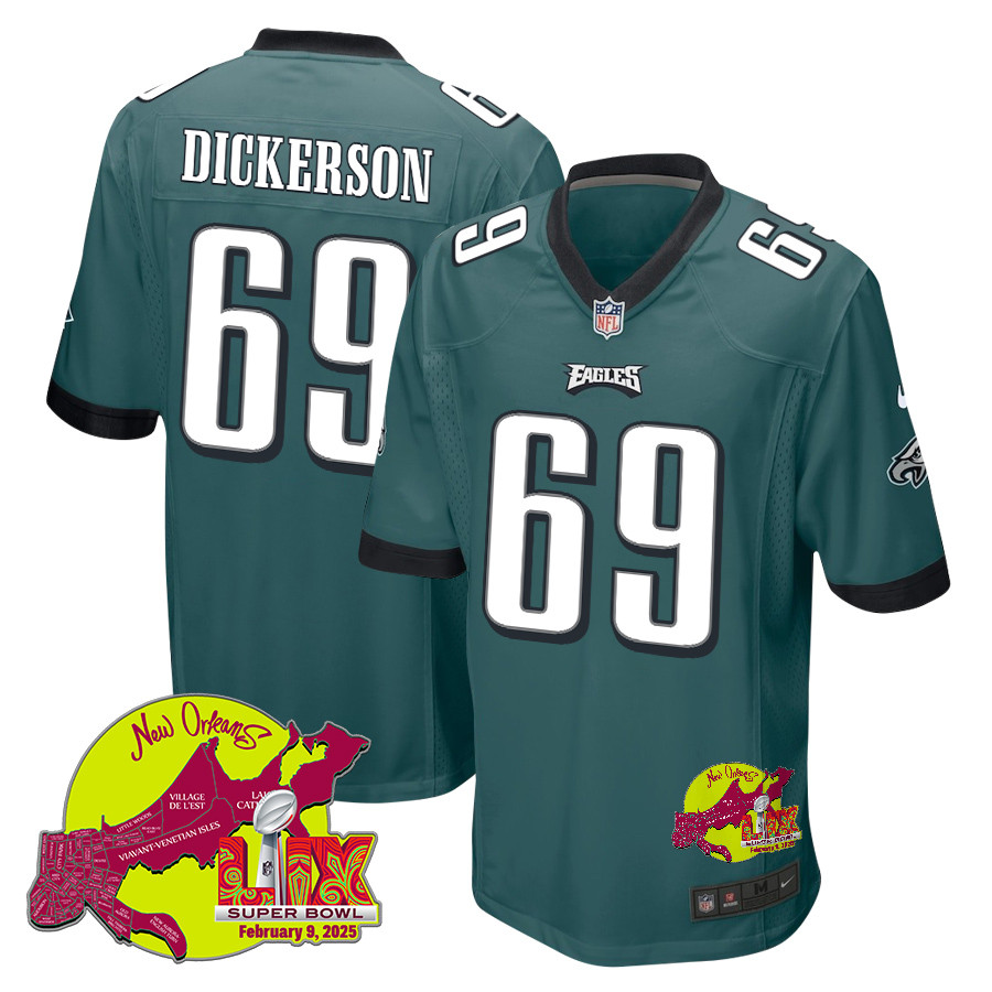 Landon Dickerson 69 Philadelphia Eagles Super Bowl LIX New Orleans Patch Game Men Jersey - Midnight Green JS2557 Saliibo