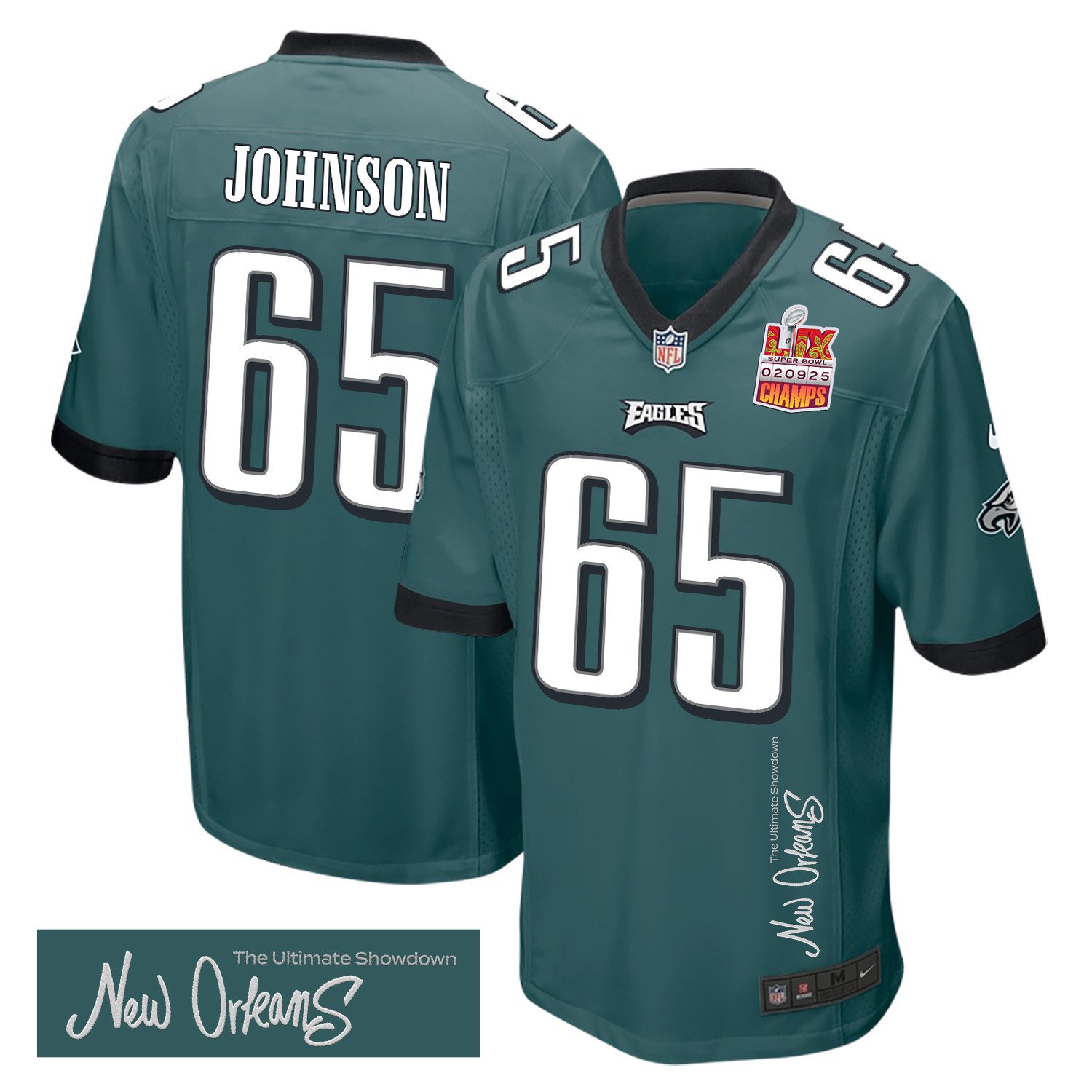Lane Johnson 65 Philadelphia Eagles Super Bowl LIX Champions Patch 'New Orleans - The Ultimate Showdown' EMBROIDERED Game Men Jersey - Midnight Green JS6462 Saliibo