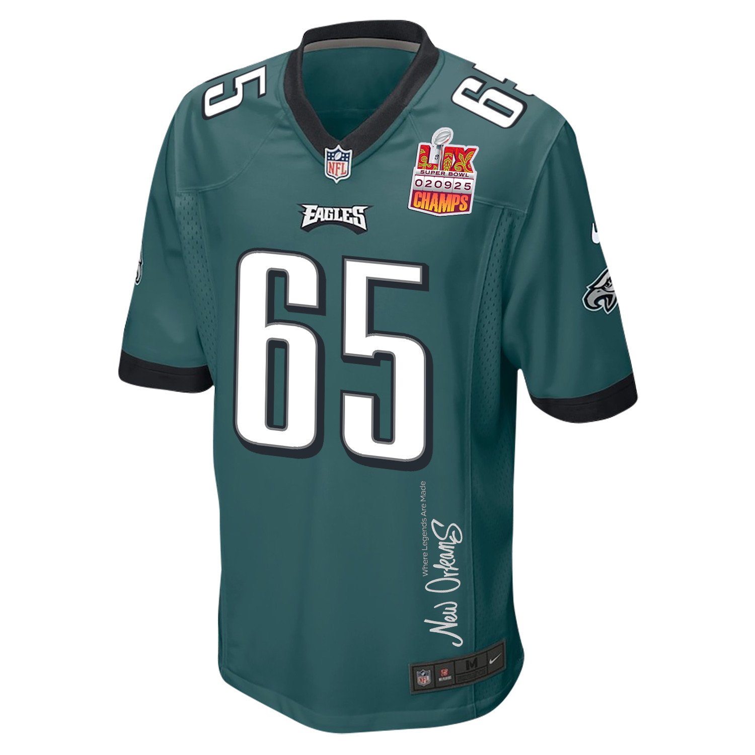 Lane Johnson 65 Philadelphia Eagles Super Bowl LIX Champions Patch 'New Orleans - Where Legends Are Made' EMBROIDERED Game Men Jersey - Midnight Green JS5829 Saliibo - Image 3