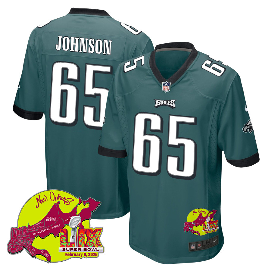 Lane Johnson 65 Philadelphia Eagles Super Bowl LIX New Orleans Patch Game Men Jersey - Midnight Green JS3763 Saliibo