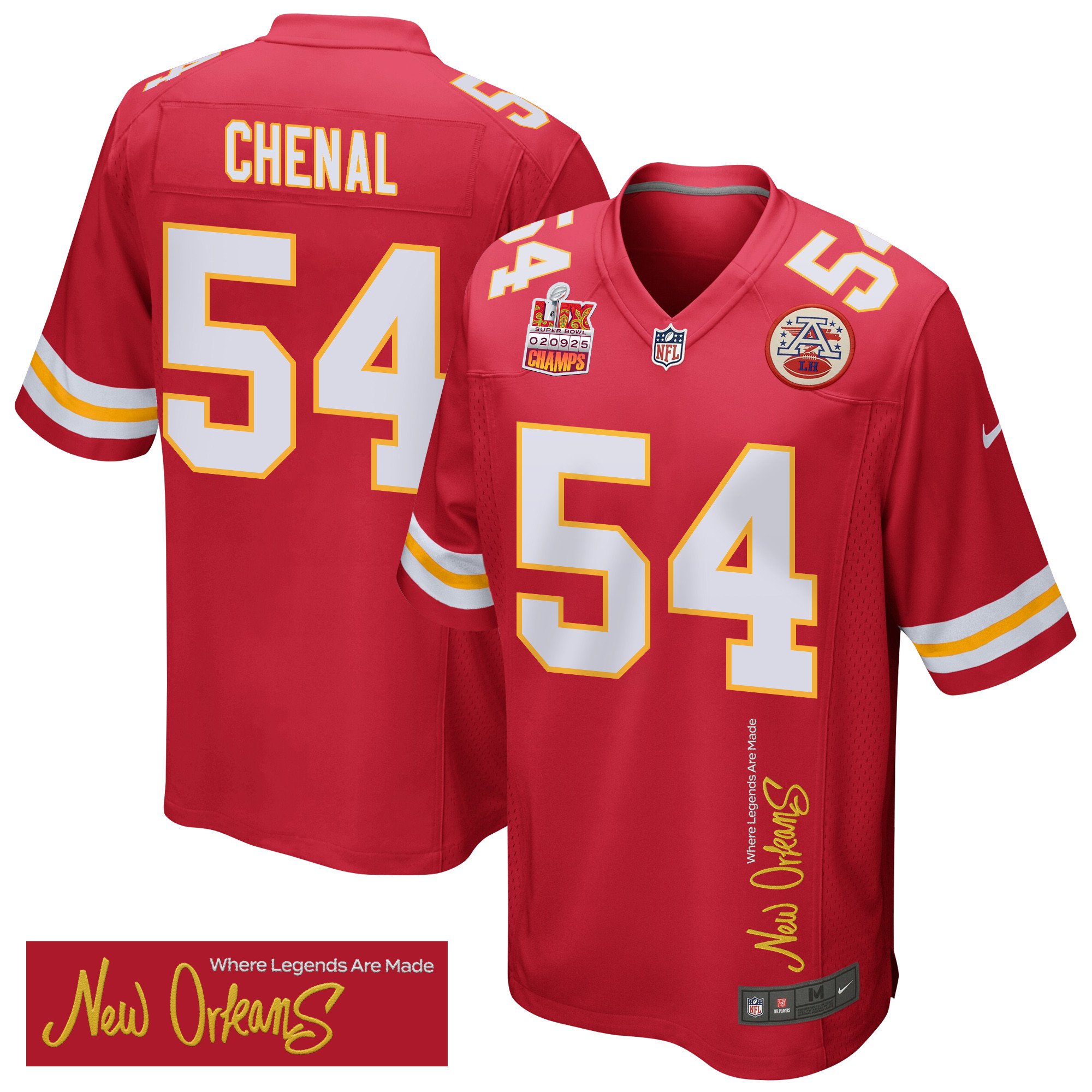 Leo Chenal 54 Kansas City Chiefs Super Bowl LIX Champions Patch 'New Orleans - Where Legends Are Made' EMBROIDERED Game Men Jersey - Red JS4042 Saliibo