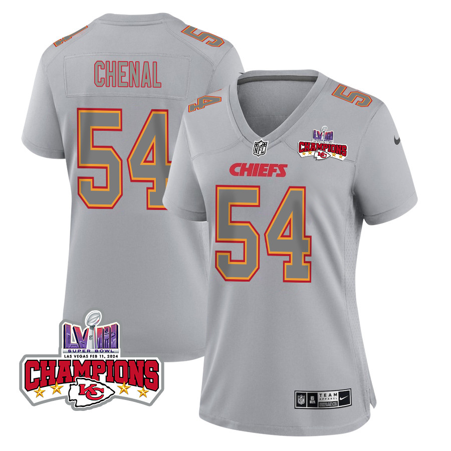 Leo Chenal 54 Kansas City Chiefs Super Bowl LVIII Champions 4 Stars Patch Atmosphere Fashion Game Women Jersey - Gray JS5353 Saliibo