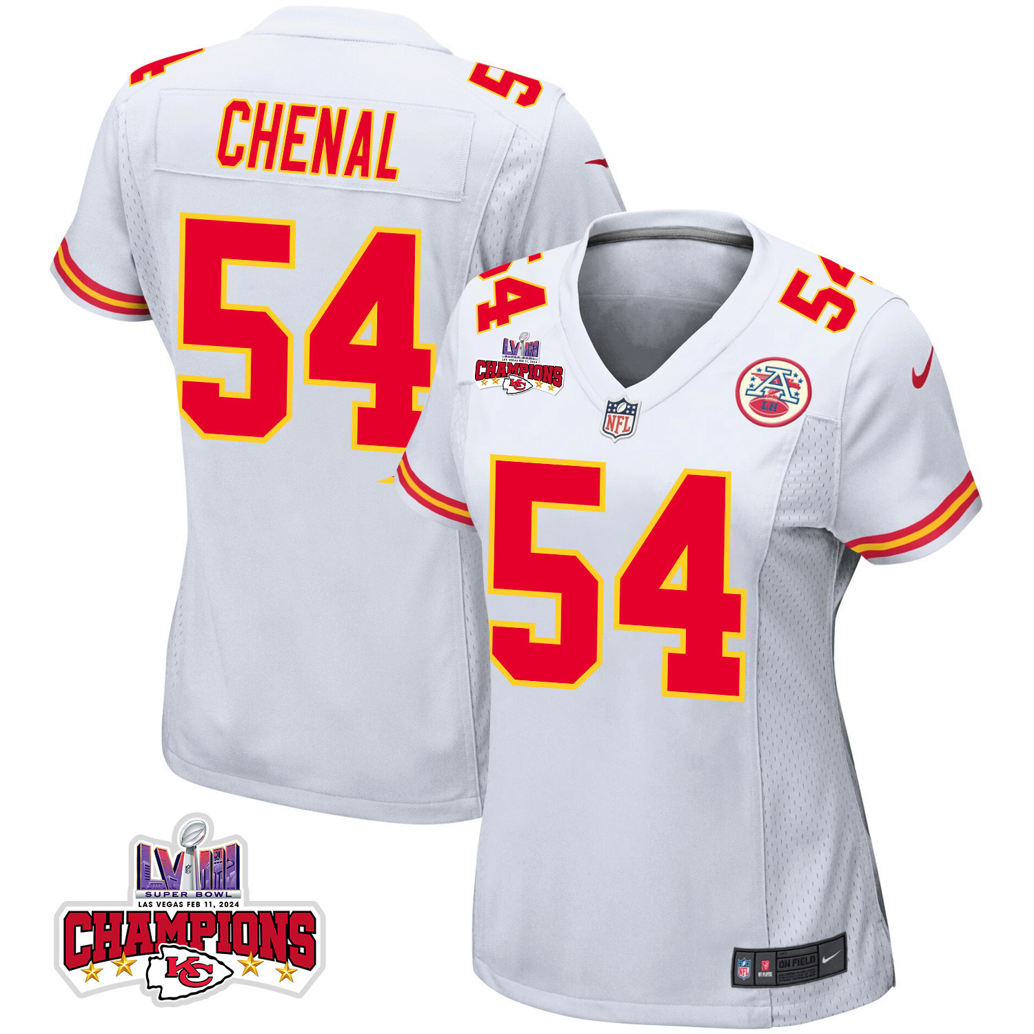 Leo Chenal 54 Kansas City Chiefs Super Bowl LVIII Champions 4 Stars Patch Game Women Jersey - White JS9341 Saliibo