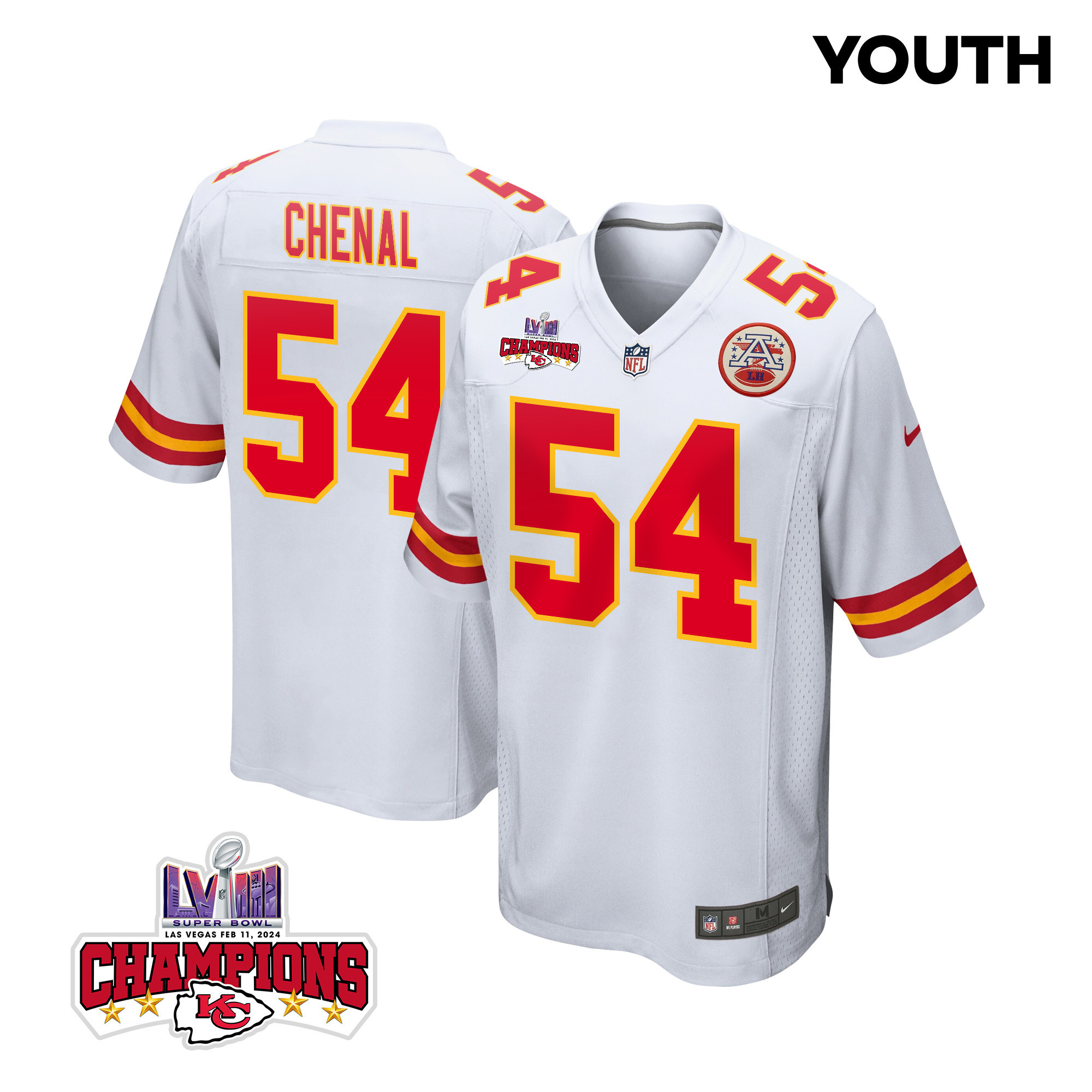 Leo Chenal 54 Kansas City Chiefs Super Bowl LVIII Champions 4 Stars Patch Game YOUTH Jersey - White JS4996 Saliibo