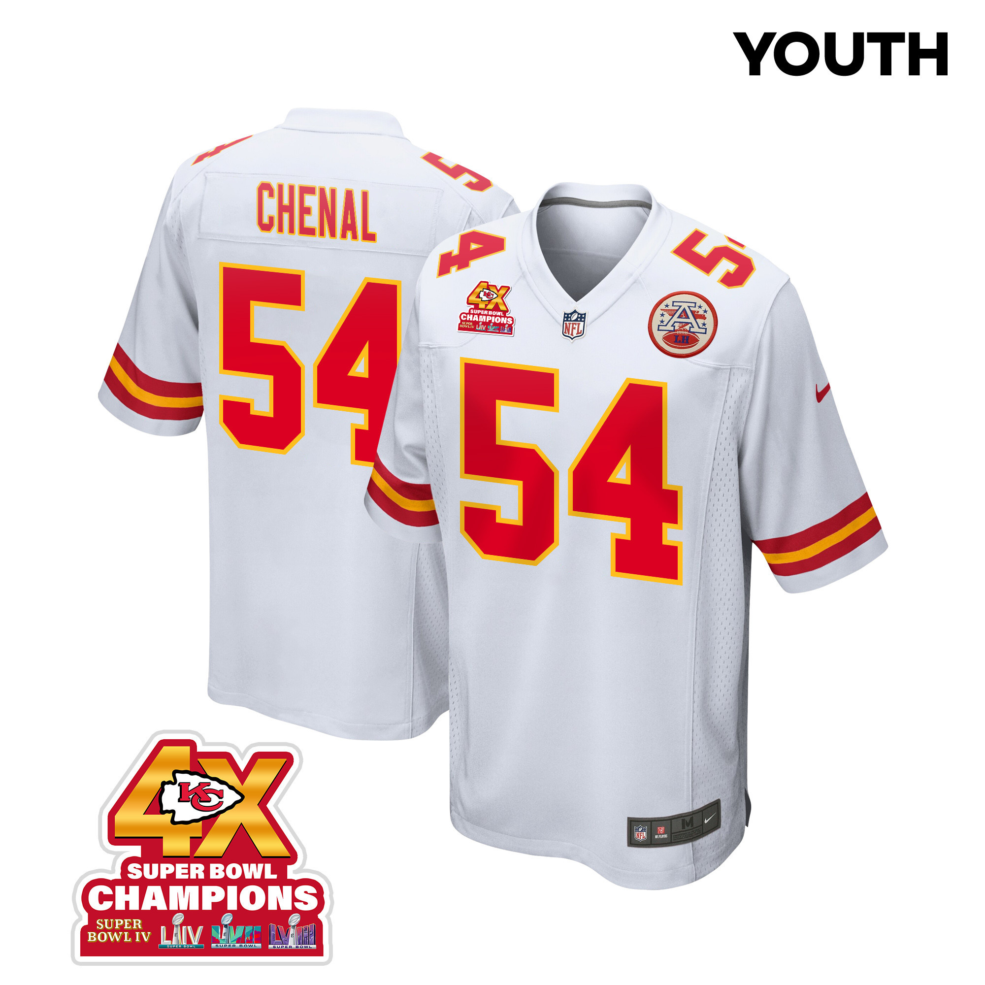 Leo Chenal 54 Kansas City Chiefs Super Bowl LVIII Champions 4X Game YOUTH Jersey - White JS2780 Saliibo