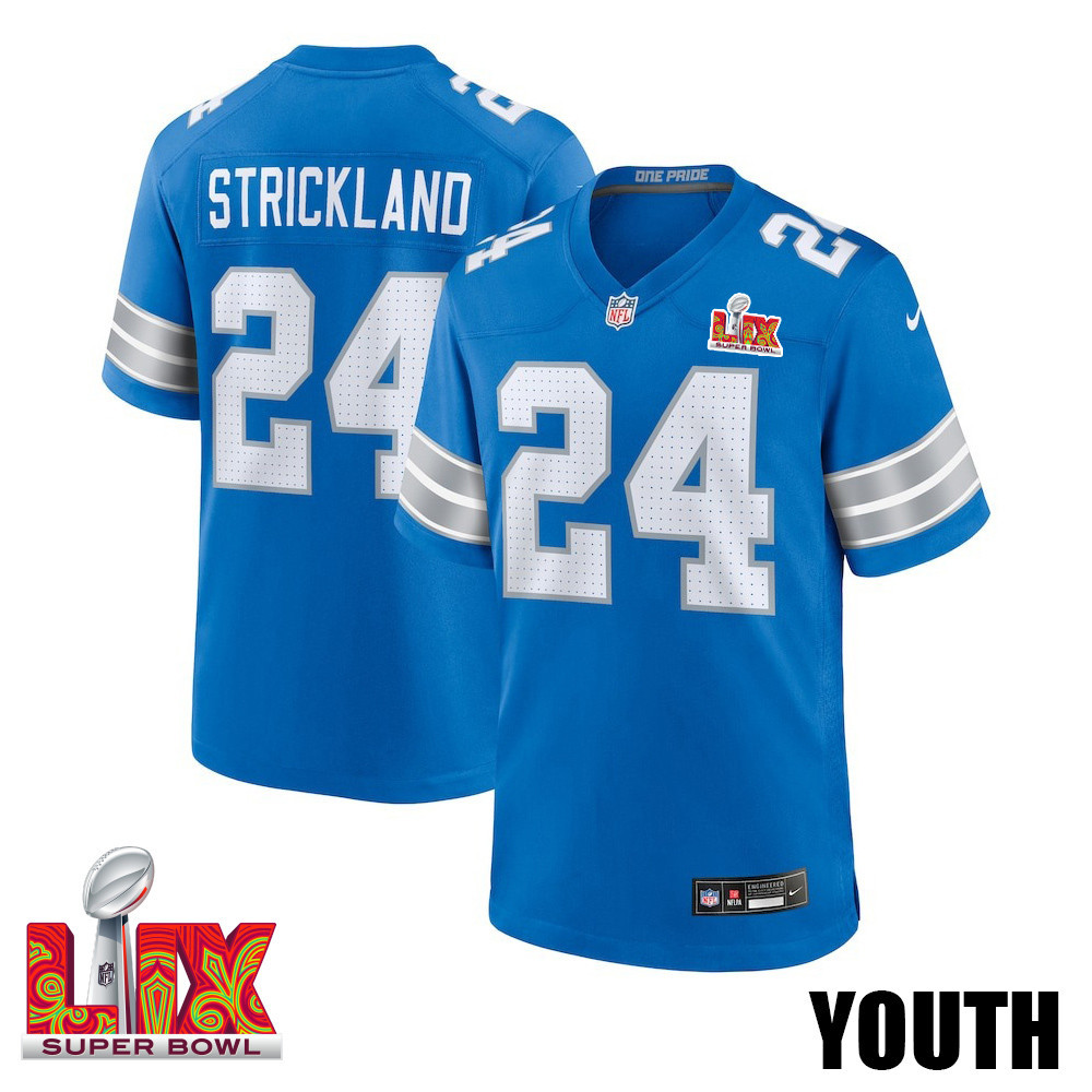 Loren Strickland #24 Detroit Lions Super Bowl LIX YOUTH Jersey - Blue JS3215 Saliibo