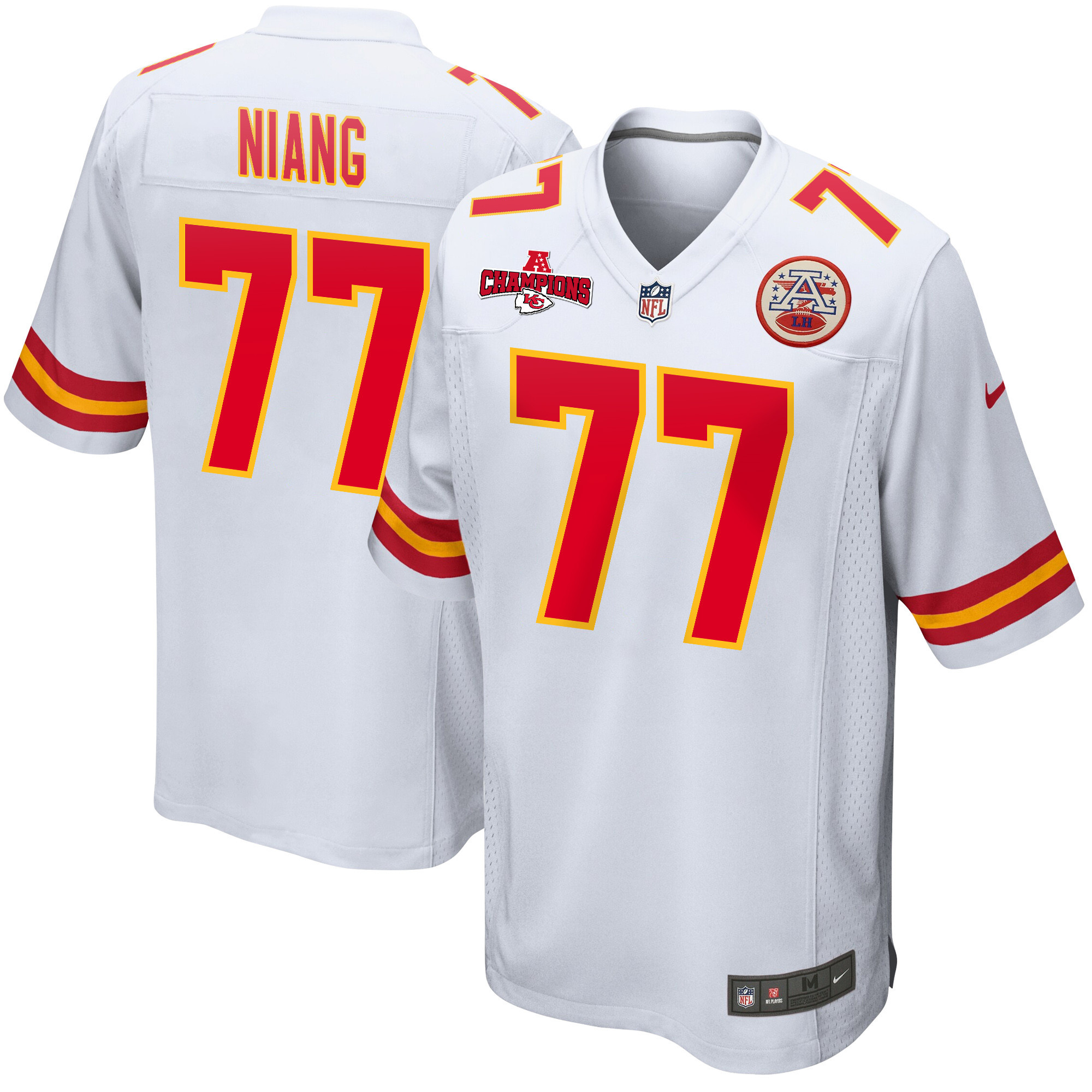 Lucas Niang 77 Kansas City Chiefs AFC Champions Patch Game Men Jersey - White JS4524 Saliibo