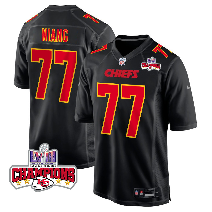 Lucas Niang 77 Kansas City Chiefs Super Bowl LVIII Champions 4 Stars Patch Fashion Game Men Jersey - Carbon Black JS6889 Saliibo