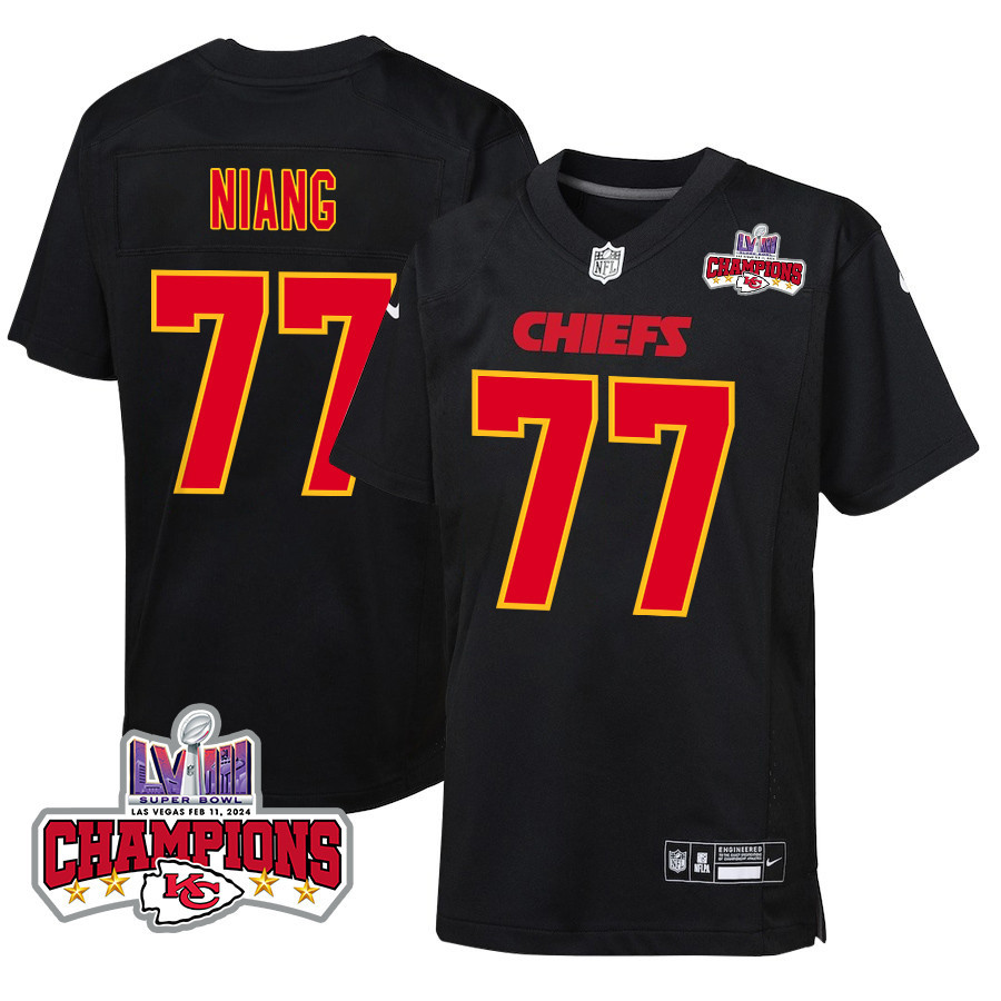 Lucas Niang 77 Kansas City Chiefs Super Bowl LVIII Champions 4 Stars Patch Fashion Game YOUTH Jersey - Carbon Black JS7986 Saliibo