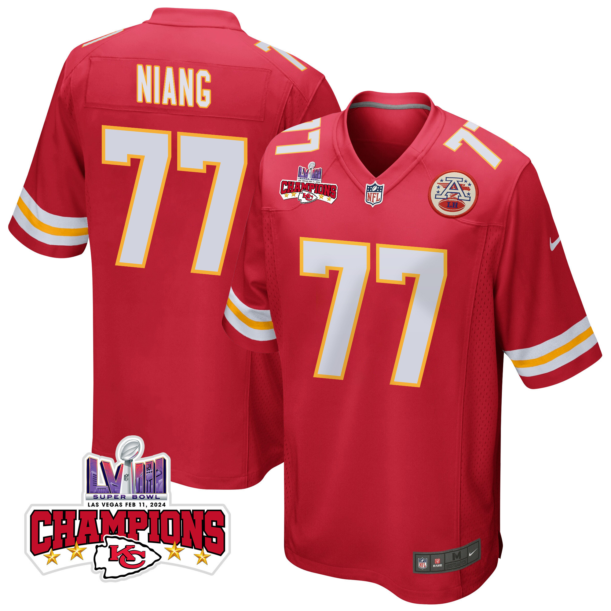 Lucas Niang 77 Kansas City Chiefs Super Bowl LVIII Champions 4 Stars Patch Game Men Jersey - Red JS8483 Saliibo