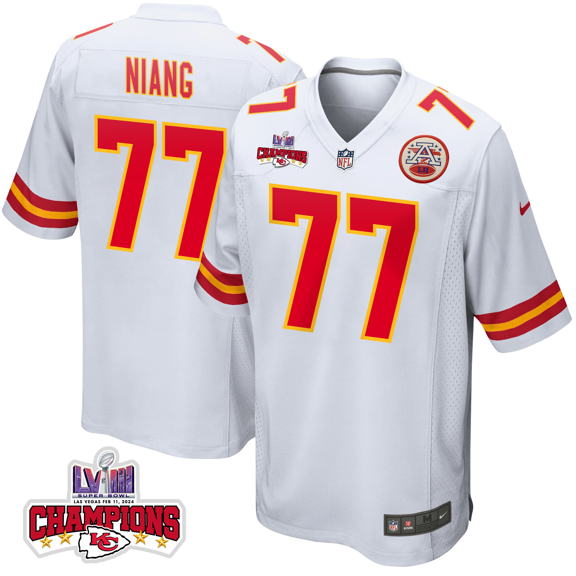 Lucas Niang 77 Kansas City Chiefs Super Bowl LVIII Champions 4 Stars Patch Game Men Jersey - White JS1802 Saliibo
