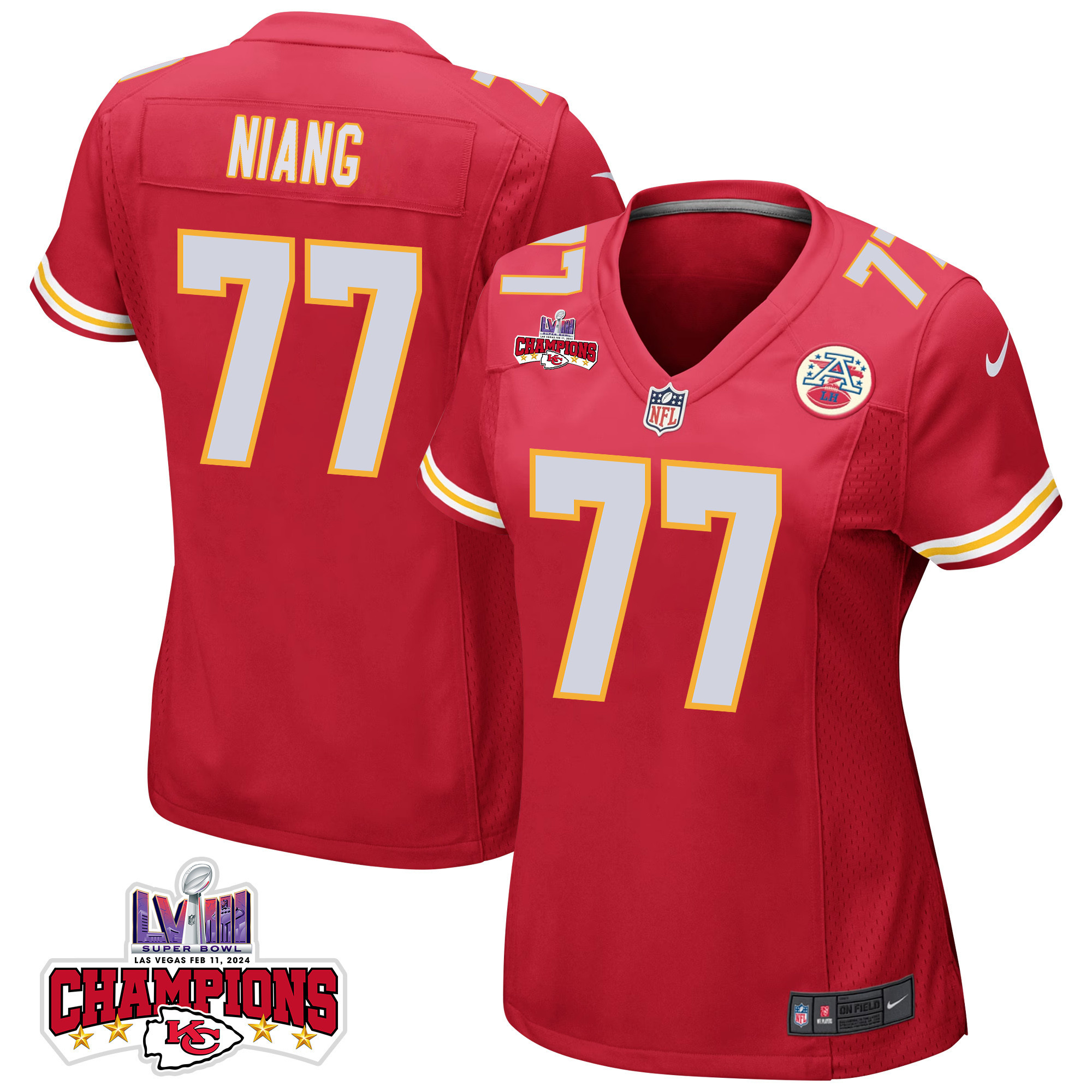 Lucas Niang 77 Kansas City Chiefs Super Bowl LVIII Champions 4 Stars Patch Game Women Jersey - Red JS4695 Saliibo