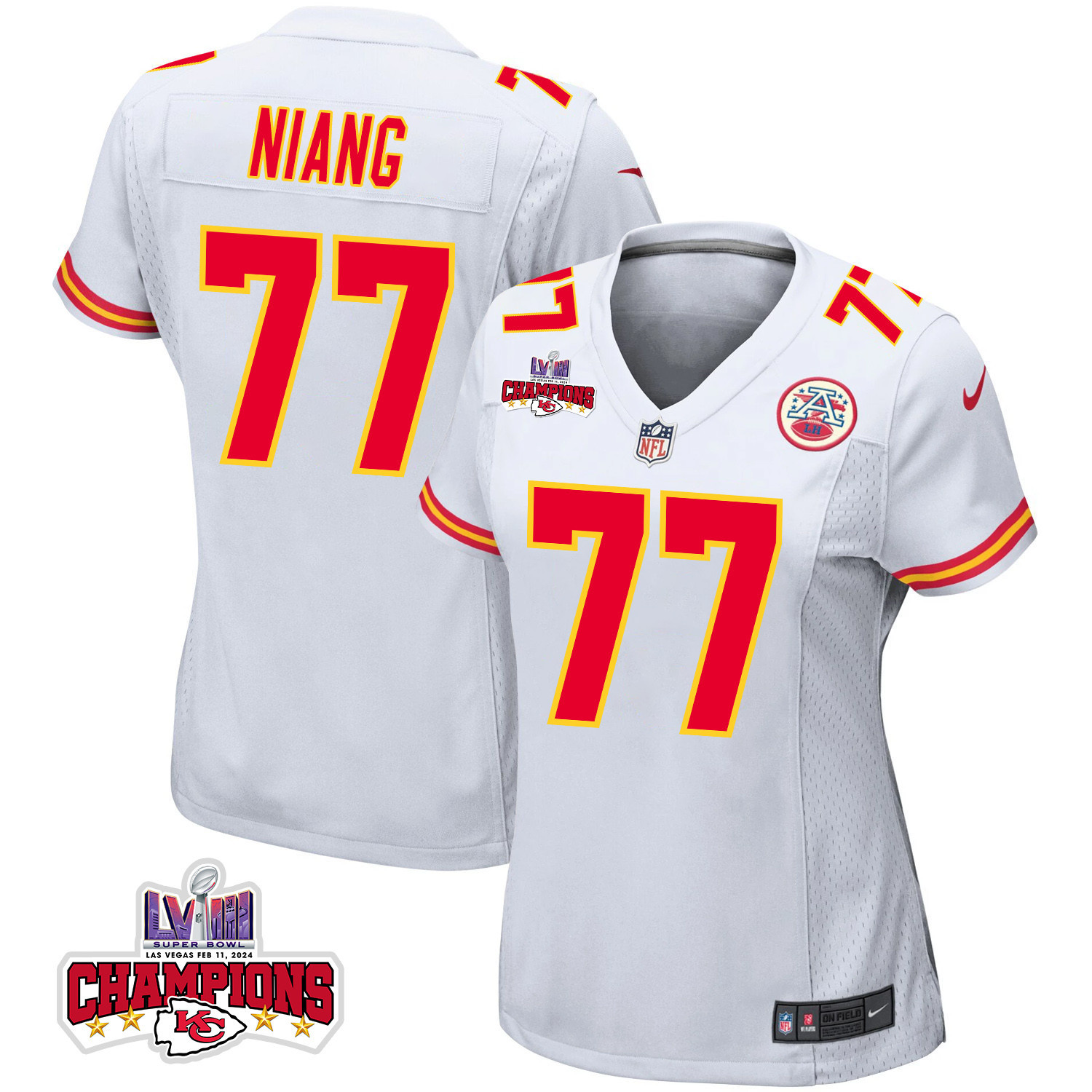 Lucas Niang 77 Kansas City Chiefs Super Bowl LVIII Champions 4 Stars Patch Game Women Jersey - White JS1537 Saliibo