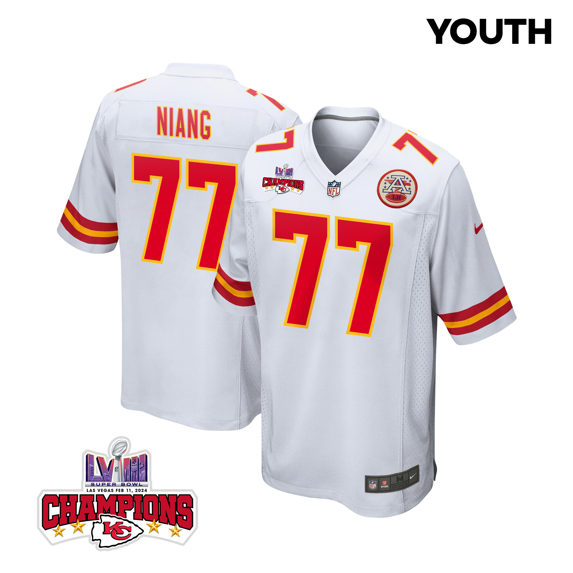 Lucas Niang 77 Kansas City Chiefs Super Bowl LVIII Champions 4 Stars Patch Game YOUTH Jersey - White JS2529 Saliibo