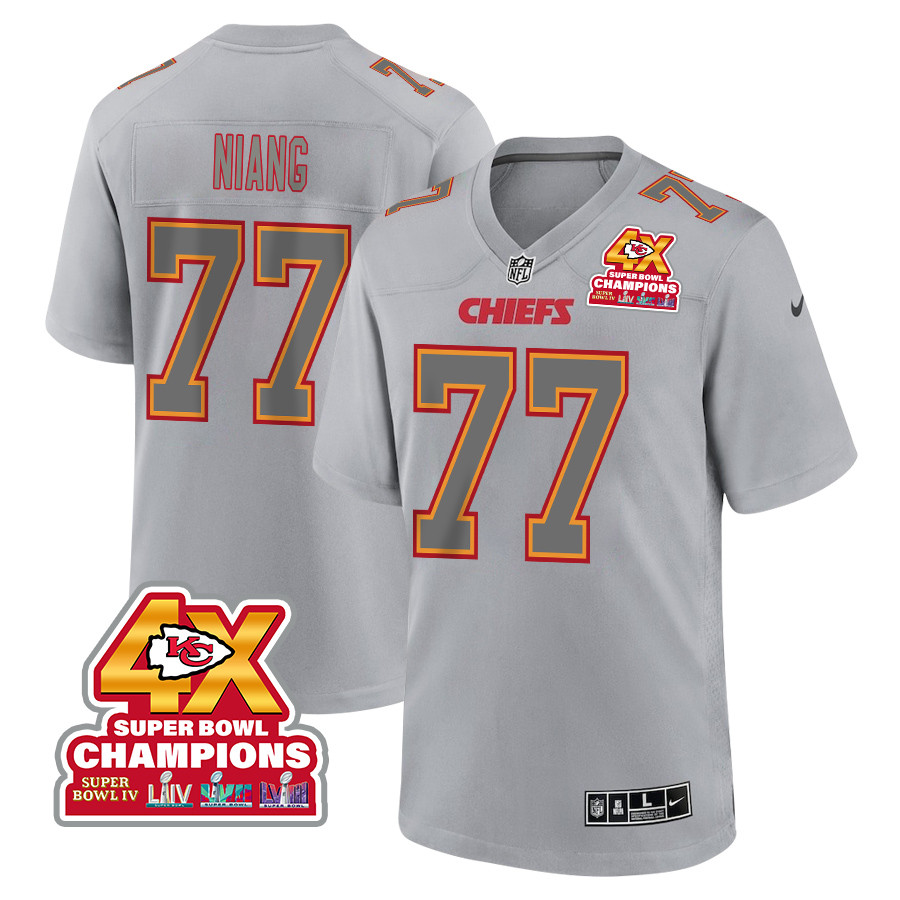Lucas Niang 77 Kansas City Chiefs Super Bowl LVIII Champions 4X Atmosphere Fashion Game Men Jersey - Gray JS4475 Saliibo