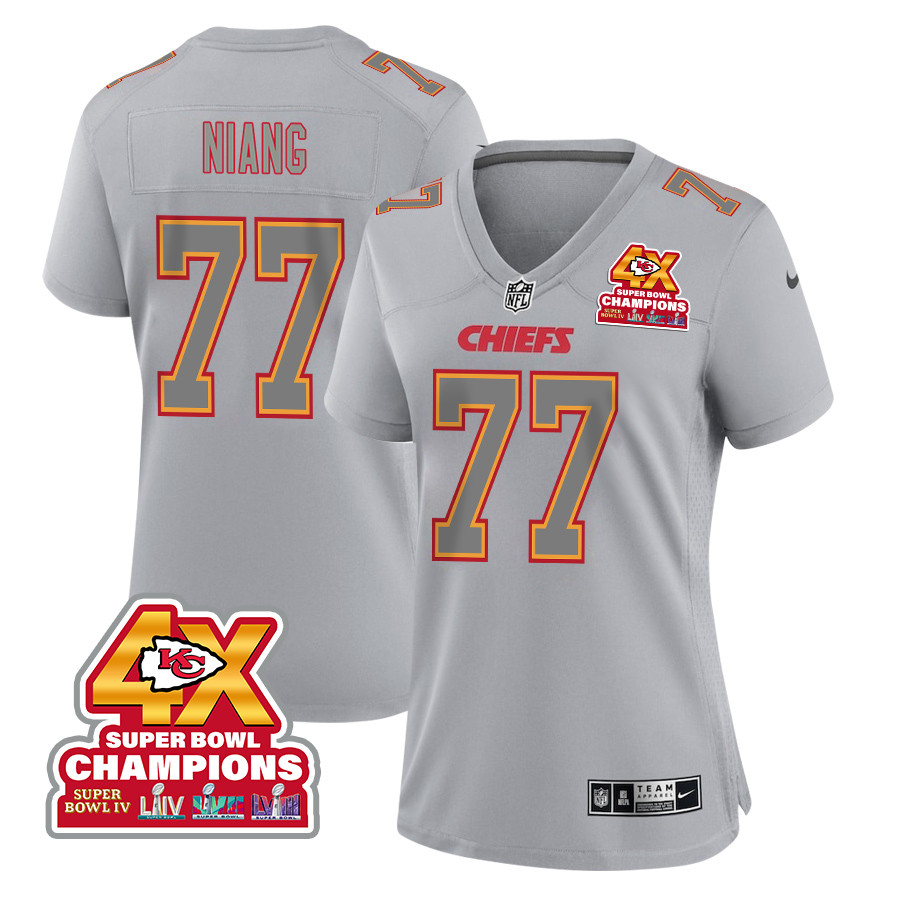 Lucas Niang 77 Kansas City Chiefs Super Bowl LVIII Champions 4X Atmosphere Fashion Game Women Jersey - Gray JS8339 Saliibo