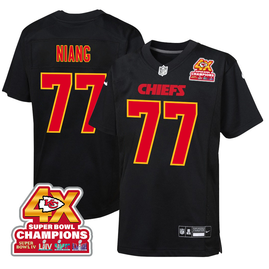 Lucas Niang 77 Kansas City Chiefs Super Bowl LVIII Champions 4X Fashion Game YOUTH Jersey - Carbon Black JS7607 Saliibo