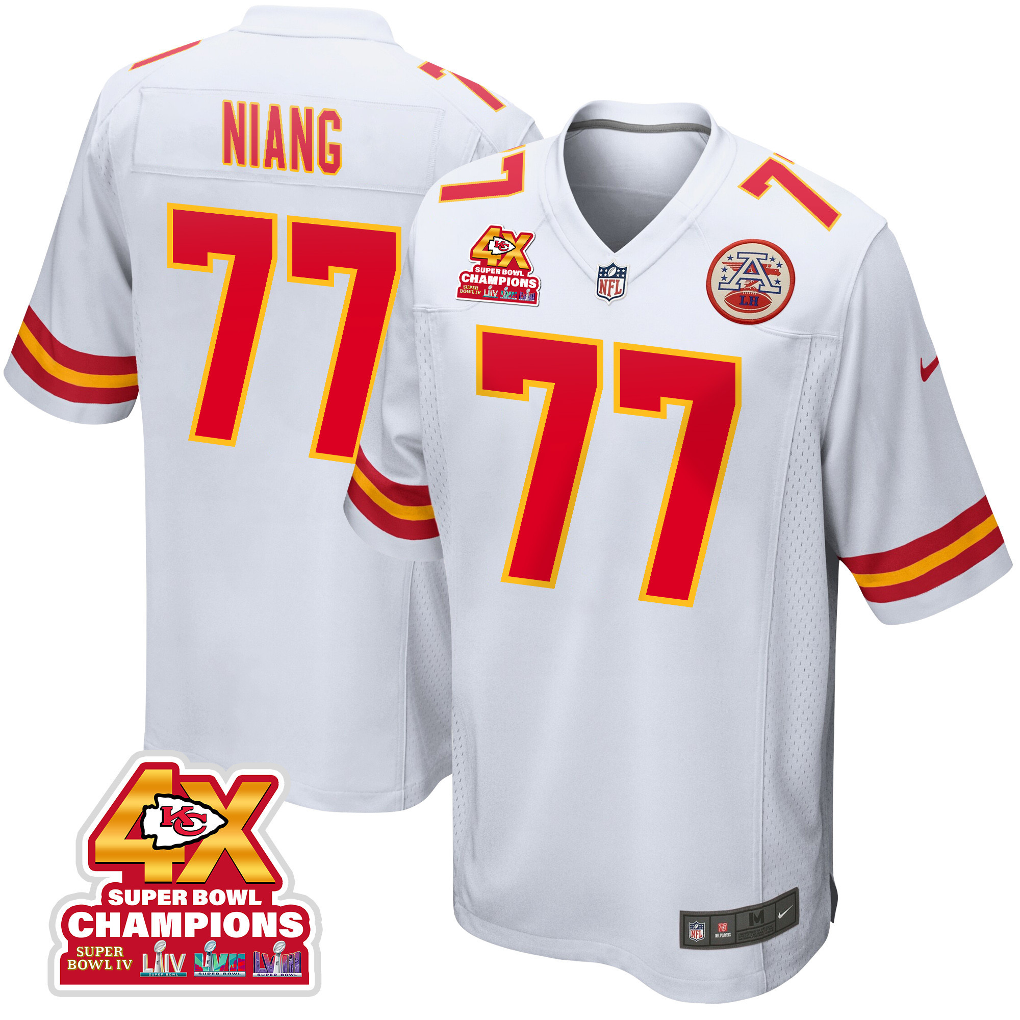 Lucas Niang 77 Kansas City Chiefs Super Bowl LVIII Champions 4X Game Men Jersey - White JS6708 Saliibo
