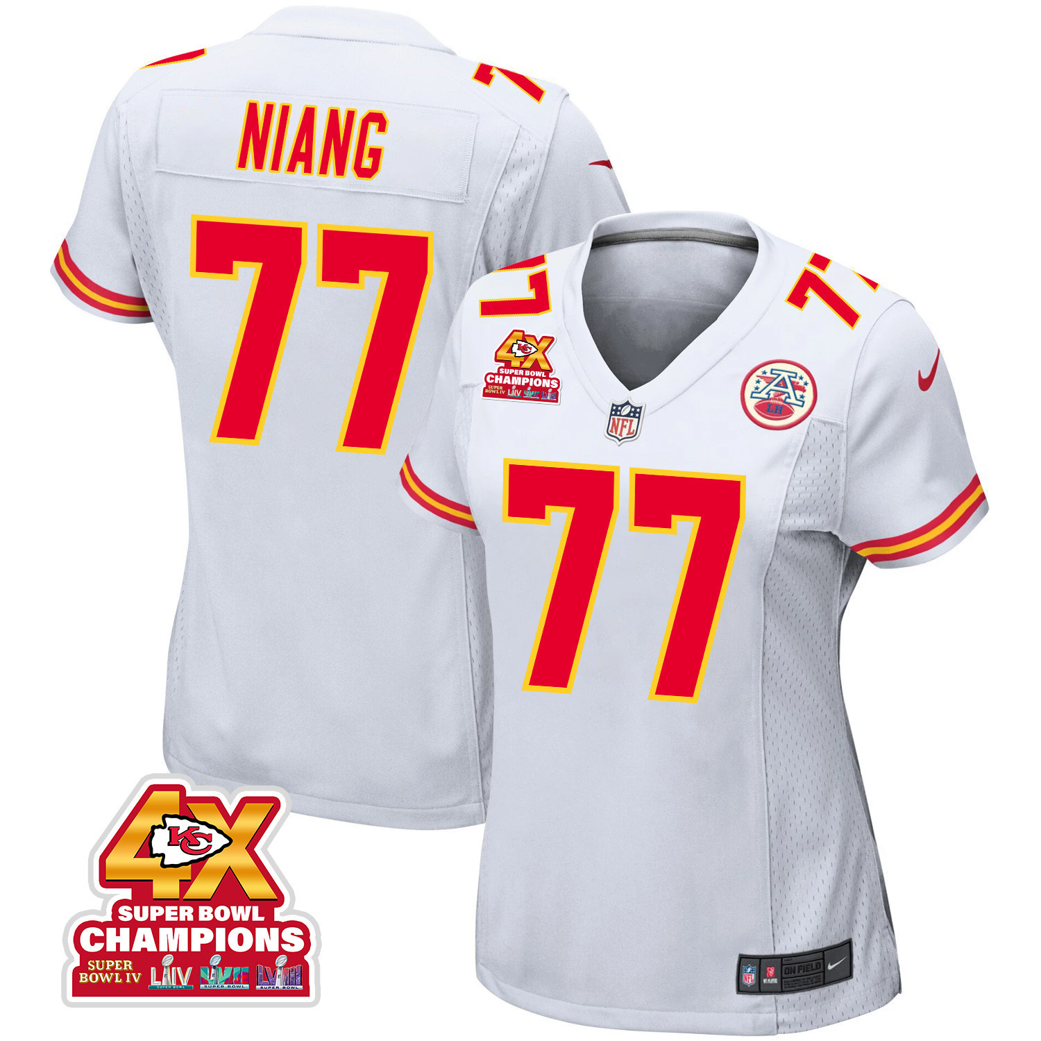 Lucas Niang 77 Kansas City Chiefs Super Bowl LVIII Champions 4X Game Women Jersey - White JS4056 Saliibo