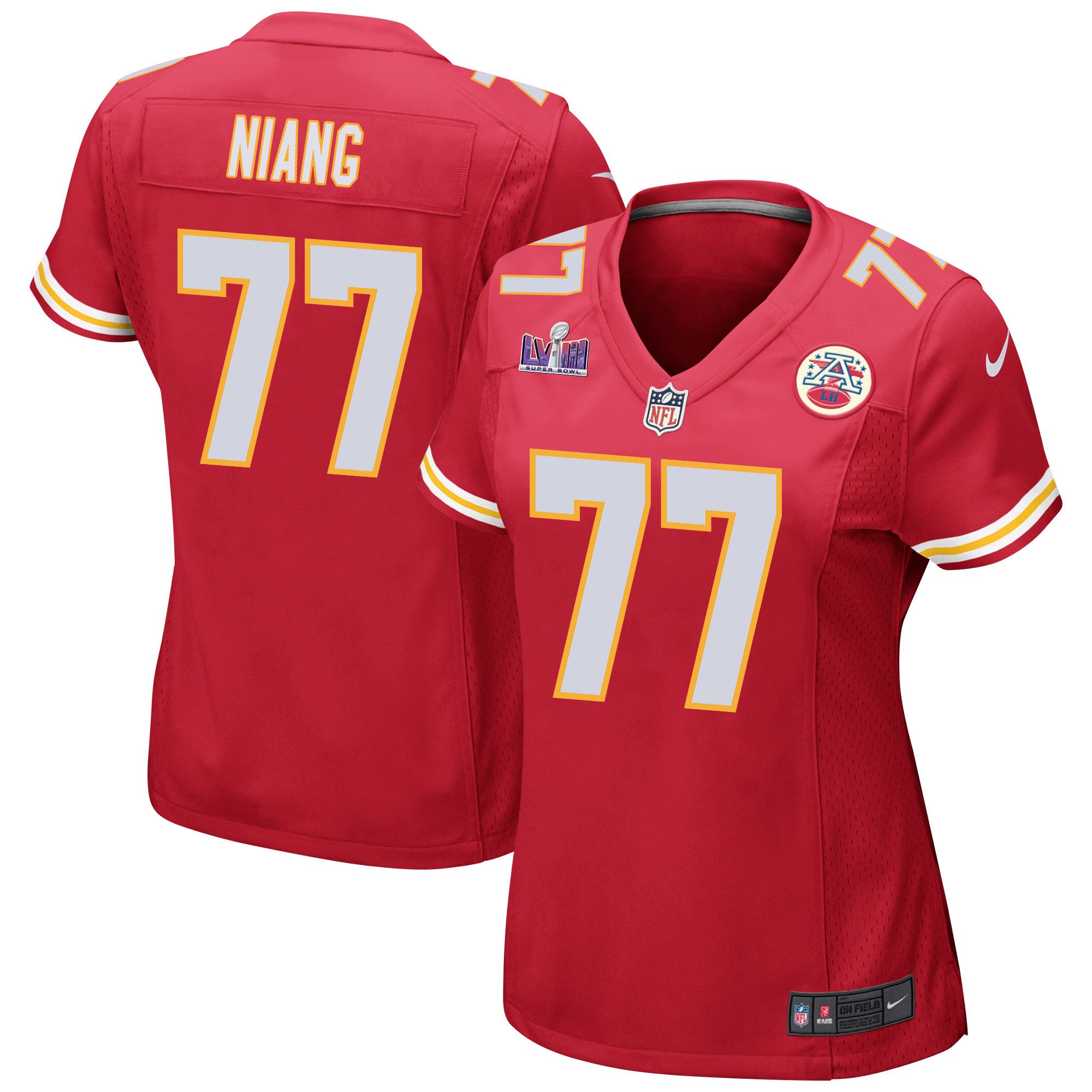 Lucas Niang 77 Kansas City Chiefs Super Bowl LVIII Patch Game Women Jersey - Red JS8682 Saliibo