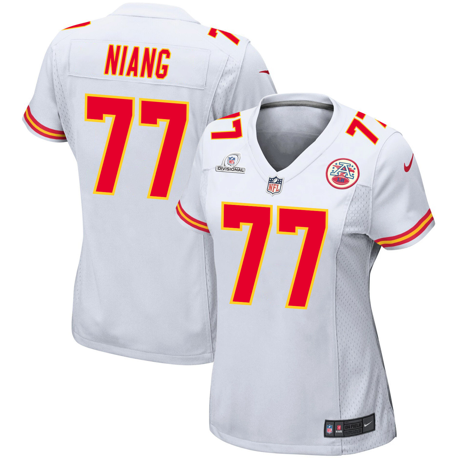 Lucas Niang 77 Kansas City Chiefs Super Bowl LVIII Patch Game Women Jersey - White JS2269 Saliibo