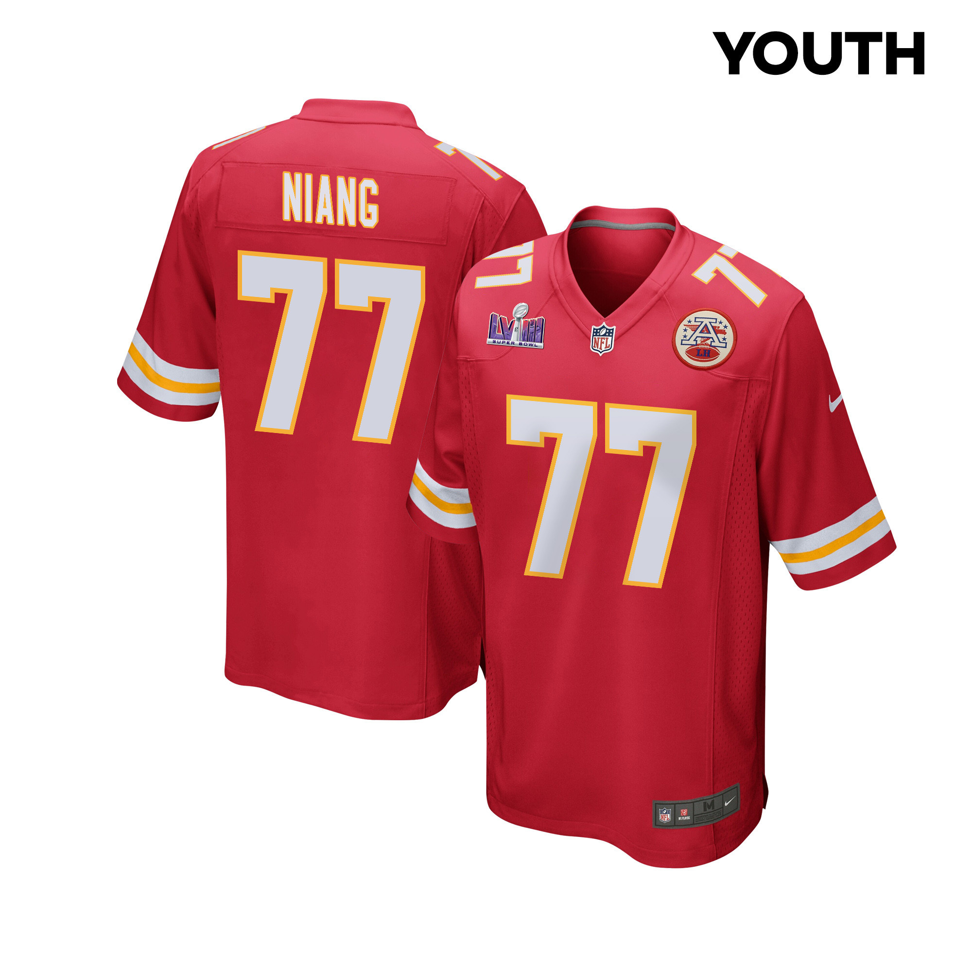 Lucas Niang 77 Kansas City Chiefs Super Bowl LVIII Patch Game YOUTH Jersey - Red JS5344 Saliibo