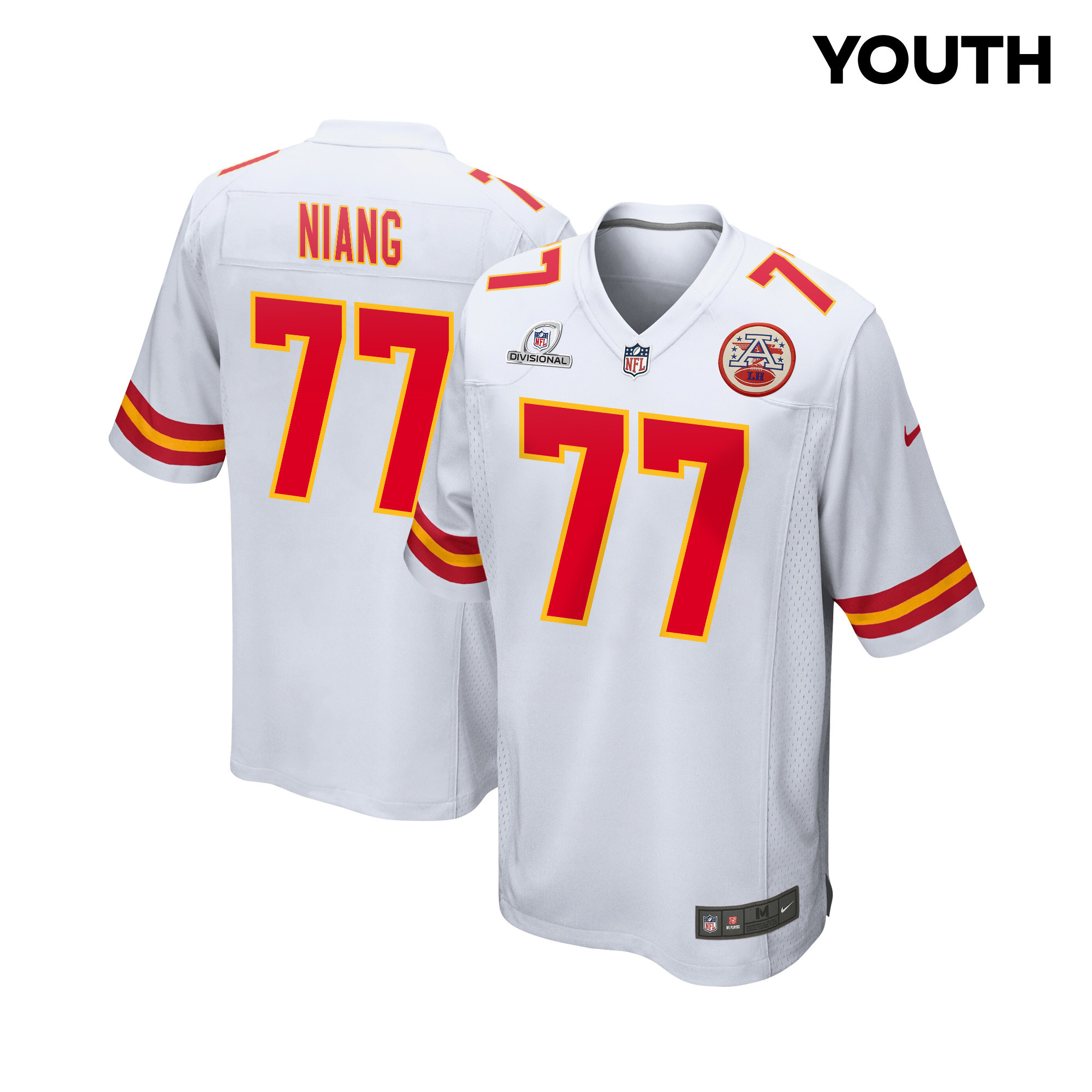 Lucas Niang 77 Kansas City Chiefs Super Bowl LVIII Patch Game YOUTH Jersey - White JS3690 Saliibo
