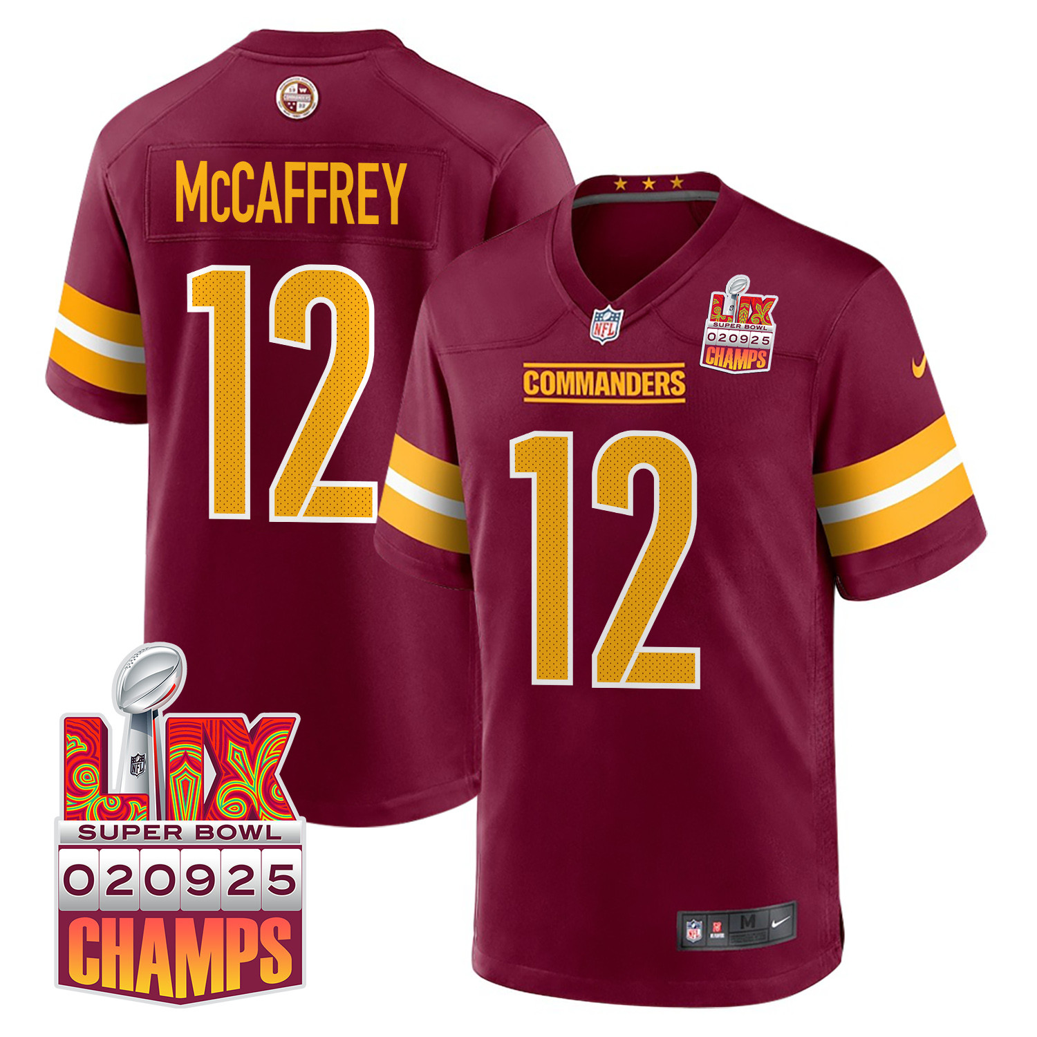 Luke McCaffrey 12 Washington Commanders Super Bowl LIX Champions Patch Game Men Jersey - Burgundy JS9433 Saliibo